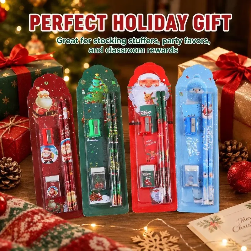 Christmas Gift Set for Her/him, 20-Piece Holiday School Supplies, Includes Pencils, Rulers, Sharpeners, Erasers, Classroom Rewards, Christmas Sock Filler