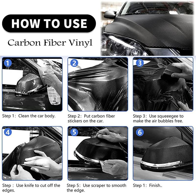 12" x 60" Gloss Black Carbon Fiber Car Wrap Vinyl Bubble Free Air Release Adhesive Car Wrap Film Roll DIY Decals with Cutter, Vinyl Squeegee,and Hand Tool ( 1 FT x 5 FT) - With Wrap Tools