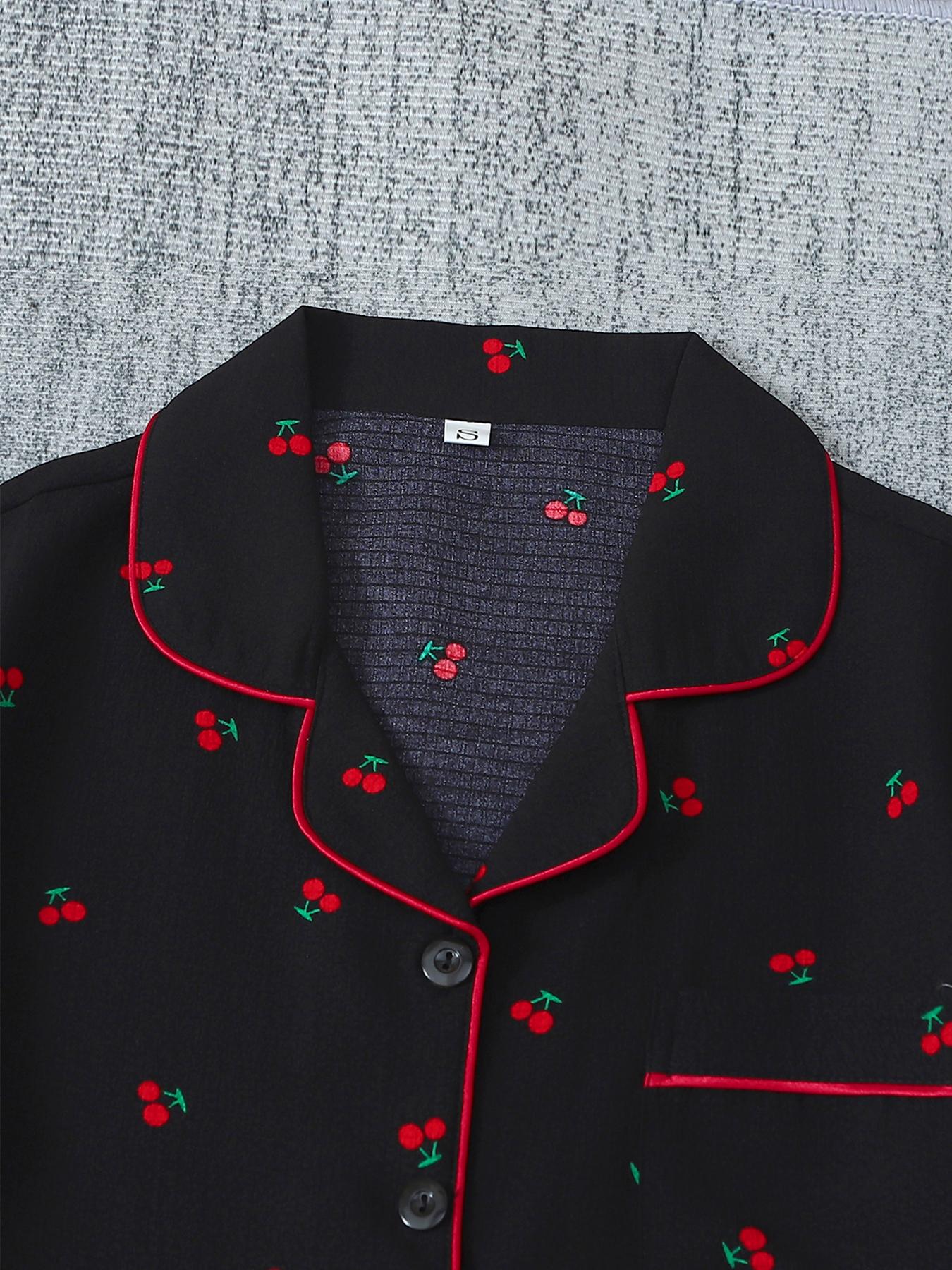 Women's 3-Piece Pajama Set, Cherry Print Button Front Top & Shorts Pants, Comfortable Sleepwear for Ladies, Casual Nightwear