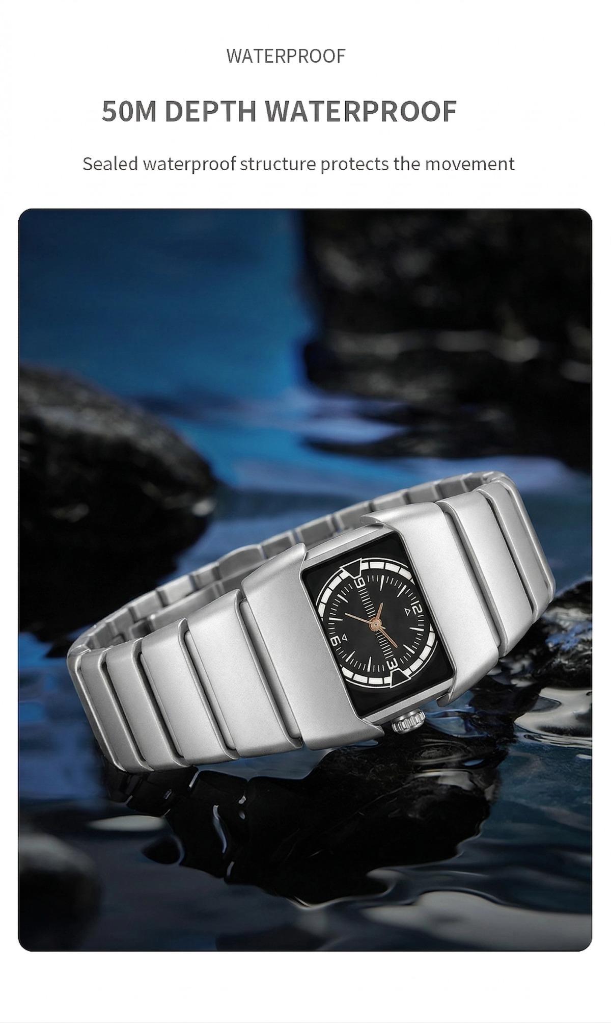 Luxury Men's Black Watch, Rectangle Analog Dial, Stainless Steel Strap, Fashion Business Quartz Wristwatch for Gift