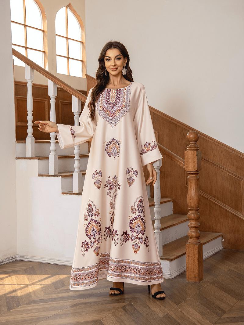 Muslim Dress Round Neck Printed Rhinestone Beaded Loose A-Line Long Robe