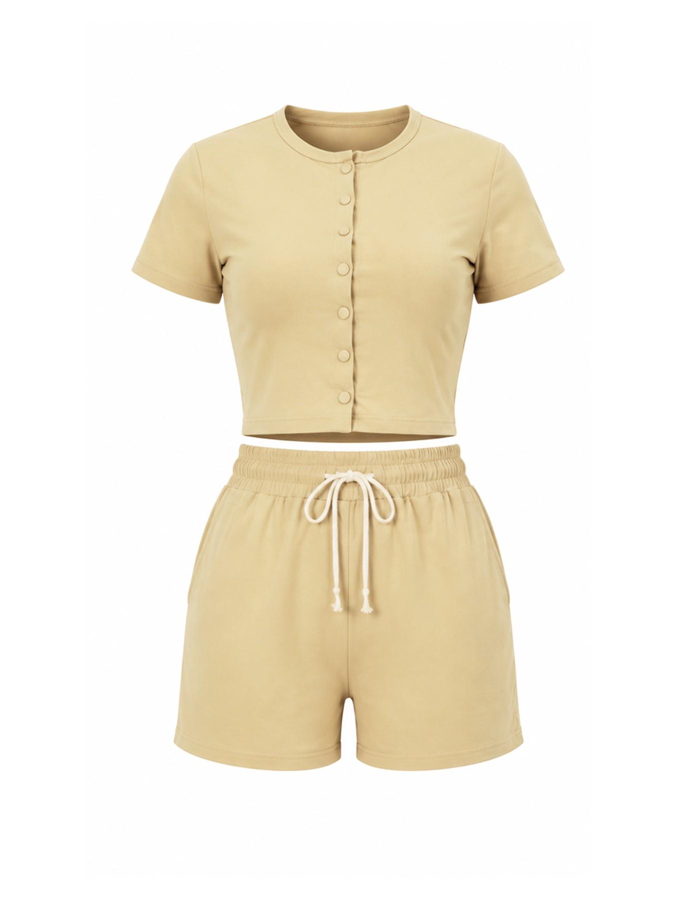 Women's Summer Casual 2-Piece Set Clothes, Short Sleeve Button-Up Top, High-Waisted Drawstring Shorts, Comfortable Slim Fit, Daily Wear, Matching Shorts Set