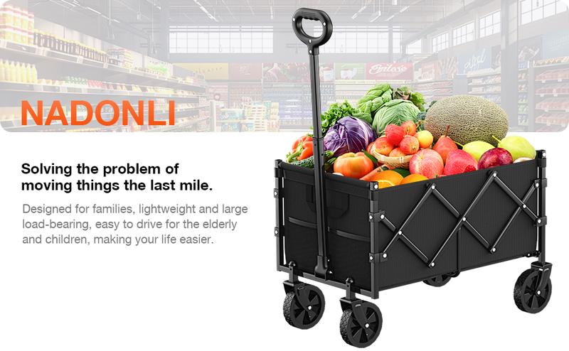 【NADONLI】 2025 Foldable Wagon with Wheels, Portable Heavy Duty Collapsible Beach Cart - Large Capacity Utility Wagon for Shopping, Sports, Camping，Garden，Grocery - Black