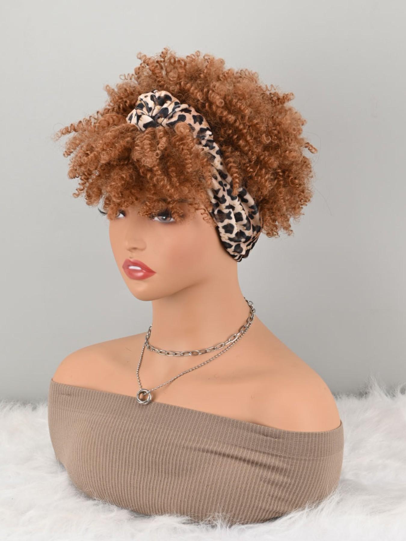Light Brown Afro Kinky Curly Synthetic Headband Style Wig Leopard Print Knotted Turban Wig High Temperature Fiber Hair Wig For Women Daily Casual Wear