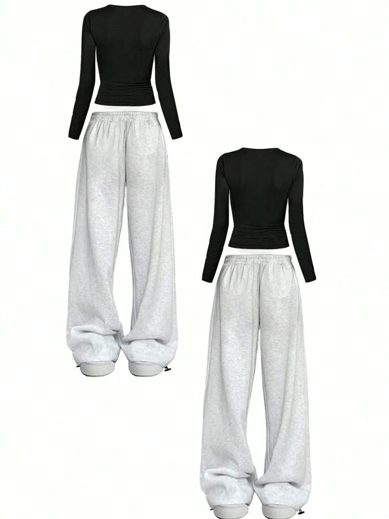 Women's Slim-Fit Long Sleeve Tee & Sweatpants Set, Comfortable Casual Wear for Spring & Fall, Daily Essentials