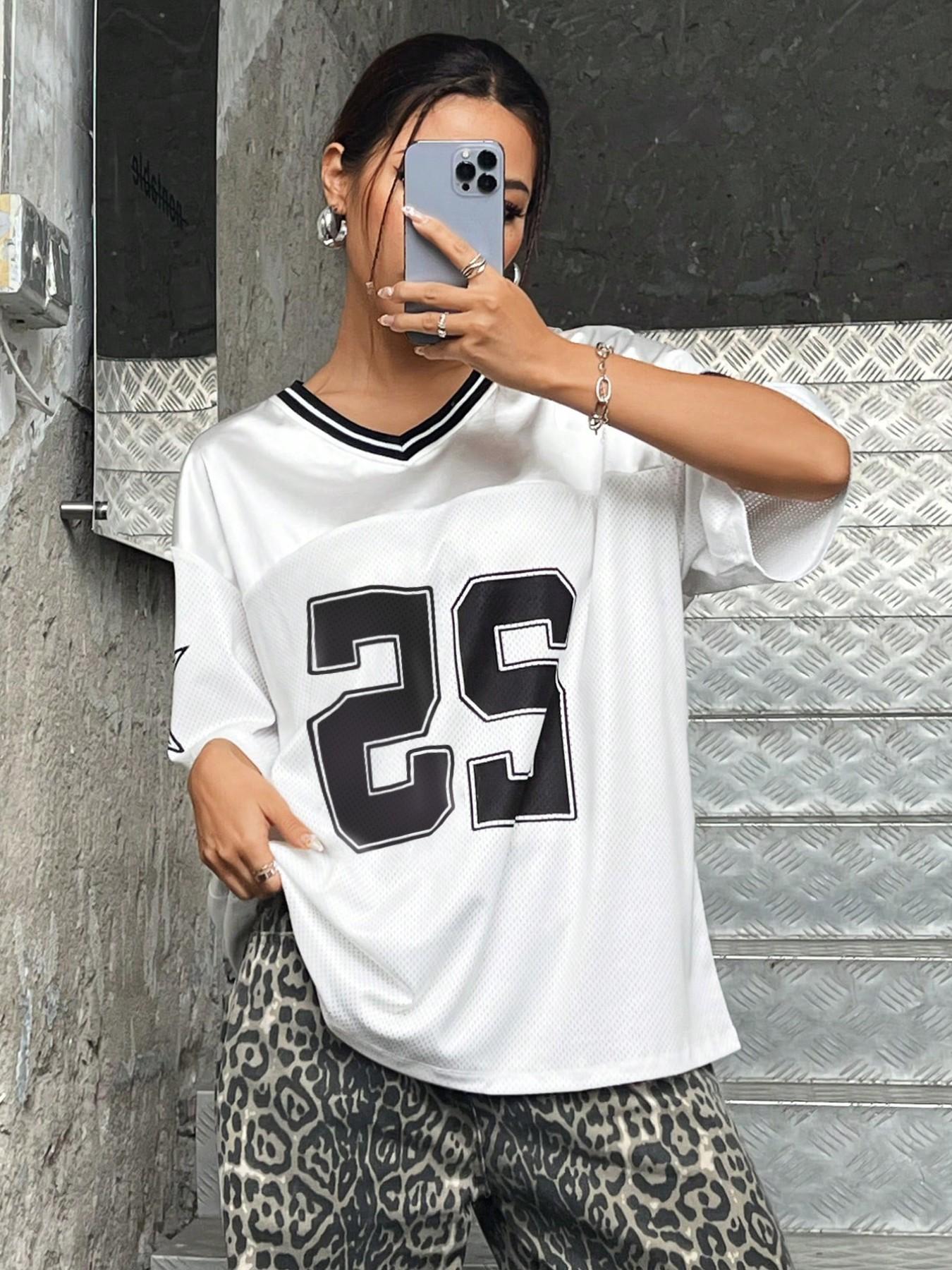 Women's Number 25 Varsity Mesh Football Jersey 🖤🤍 White/Black/Green Color Options | V-Neck Striped Trim & Star Sleeve Detail | Oversized Relaxed Fit | Perfect for Streetwear, Sporty Style & Y2K Outfits | Retro Sport Essential