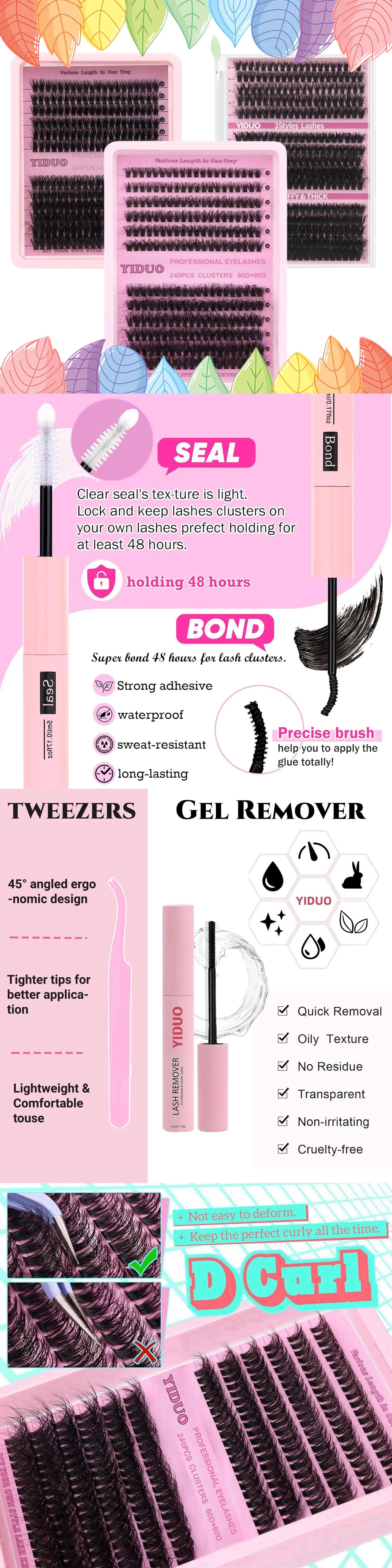 Natural Eyelash Extensions Set, Volume False Eyelashes with Eyelash Tweezers & Eyelash Glue, Curling Strip Lashes, Individual Lash Extensions, Volume Lash Clusters