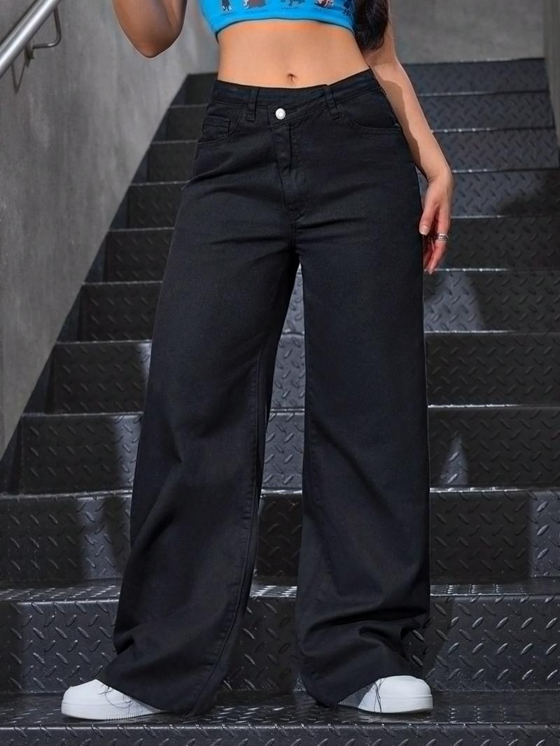 Women's Vintage Denim Jeans, Diagonal Button Design, Ultra-Long Straight Wide Leg, Casual Style, All Seasons Daily Wear