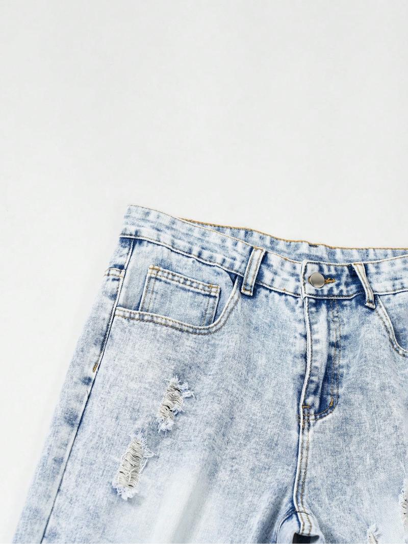 Men's Casual Fashion Ripped Straight-Leg Slim-Fit Jeans. Washed Light Blue Stacked Denim Pants, Comfortable Fabric Suitable for All Seasons, Perfect for Men's Daily Casual Wear.
