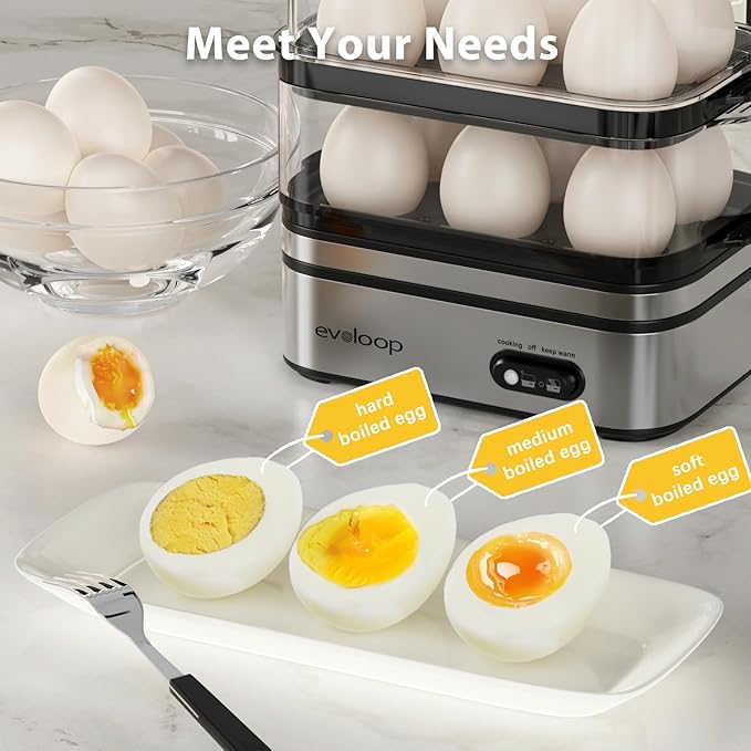 【summervibes】EVOLOOP Rapid Egg Cooker Electric 12 Eggs Capacity, Soft, Medium, Hard Boiled, Poached, Omelet Maker Egg Poacher & Vegetable Steamer, BPA Free Tray
