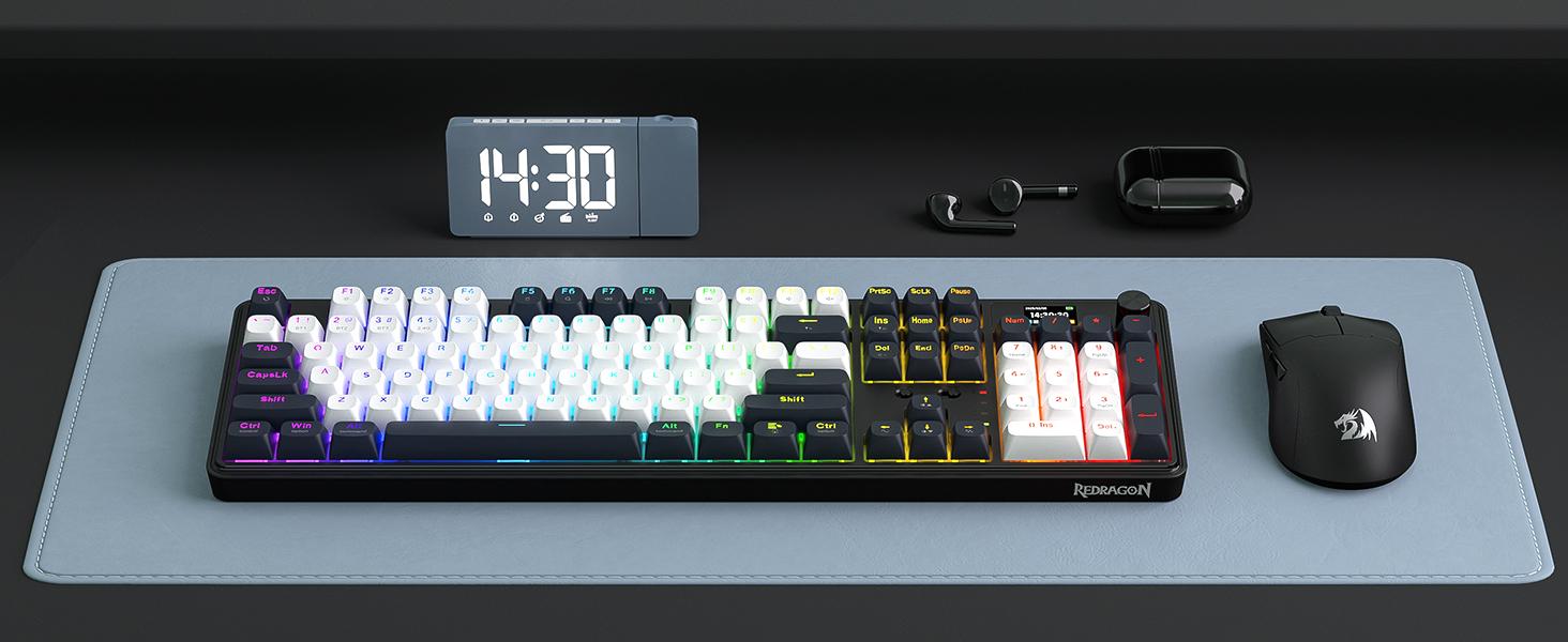 Redragon K761 Wireless Gasket Gaming Keyboard w/Hype Screen & Knob, 104 Keys Mechanical Keyboard, Easy-Control 1.14’’ TFT Info Display, 5-Layer Noise Dampening, Custom Linear Switch, Abyssal Blue