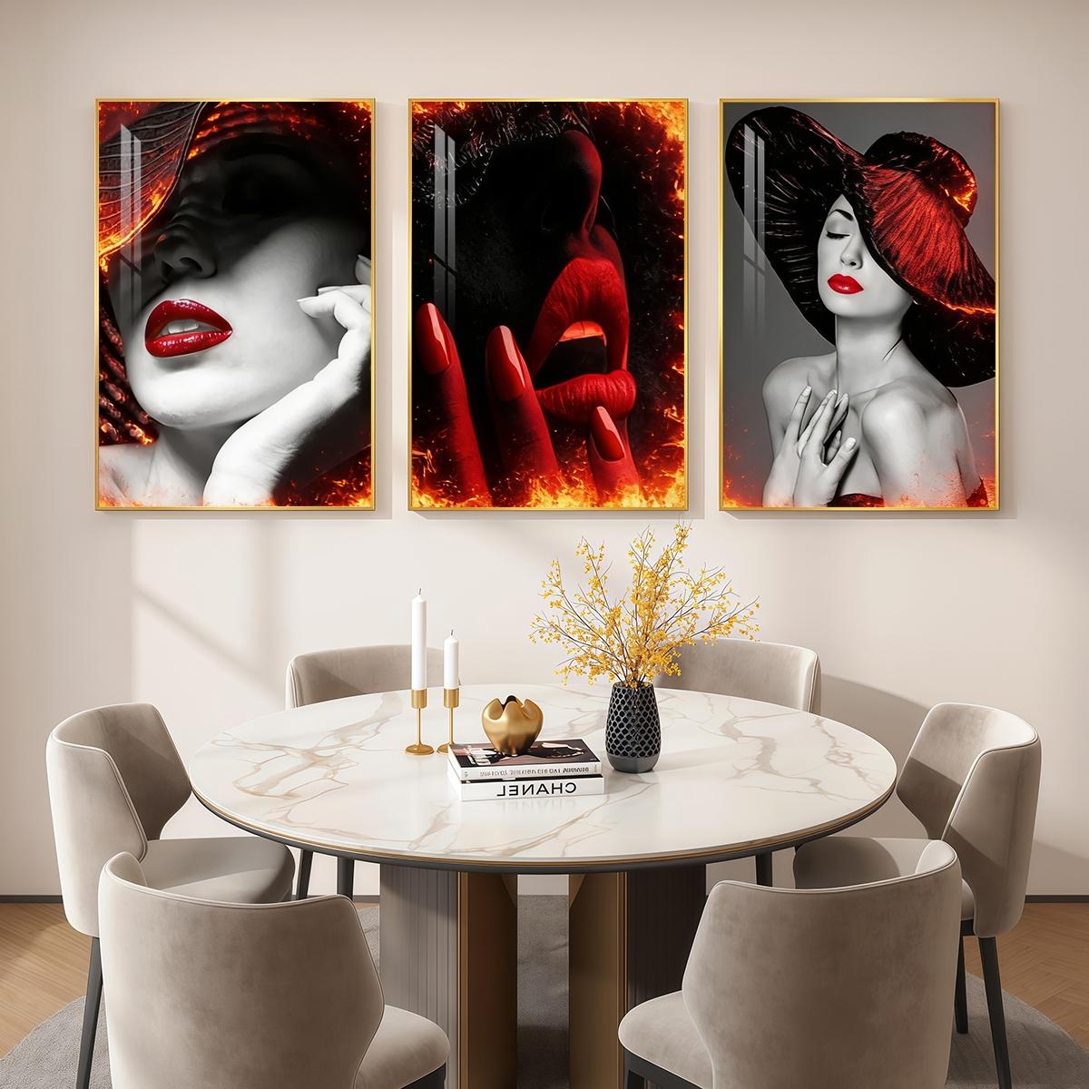 3 Counts Aluminum Alloy Framed Painting, Abstract Red Lips And Black Hat Lady Pictures, Home Decoration For Living Room, Bedroom, Office, Restaurant, Hallway Wall Decor, Odorless Print Artwork, Luxury Perfect Gift For Friends And Family