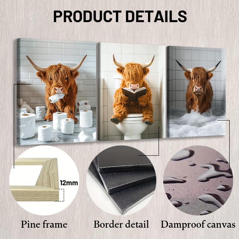 Highland Cow Pattern Canvas Framed Painting, 3 Counts Modern Wall Art Painting, Wall Art Decor for Home Interior Living Room Bedroom Office, Ornaments, Indoor Decoration #TOP PICKS