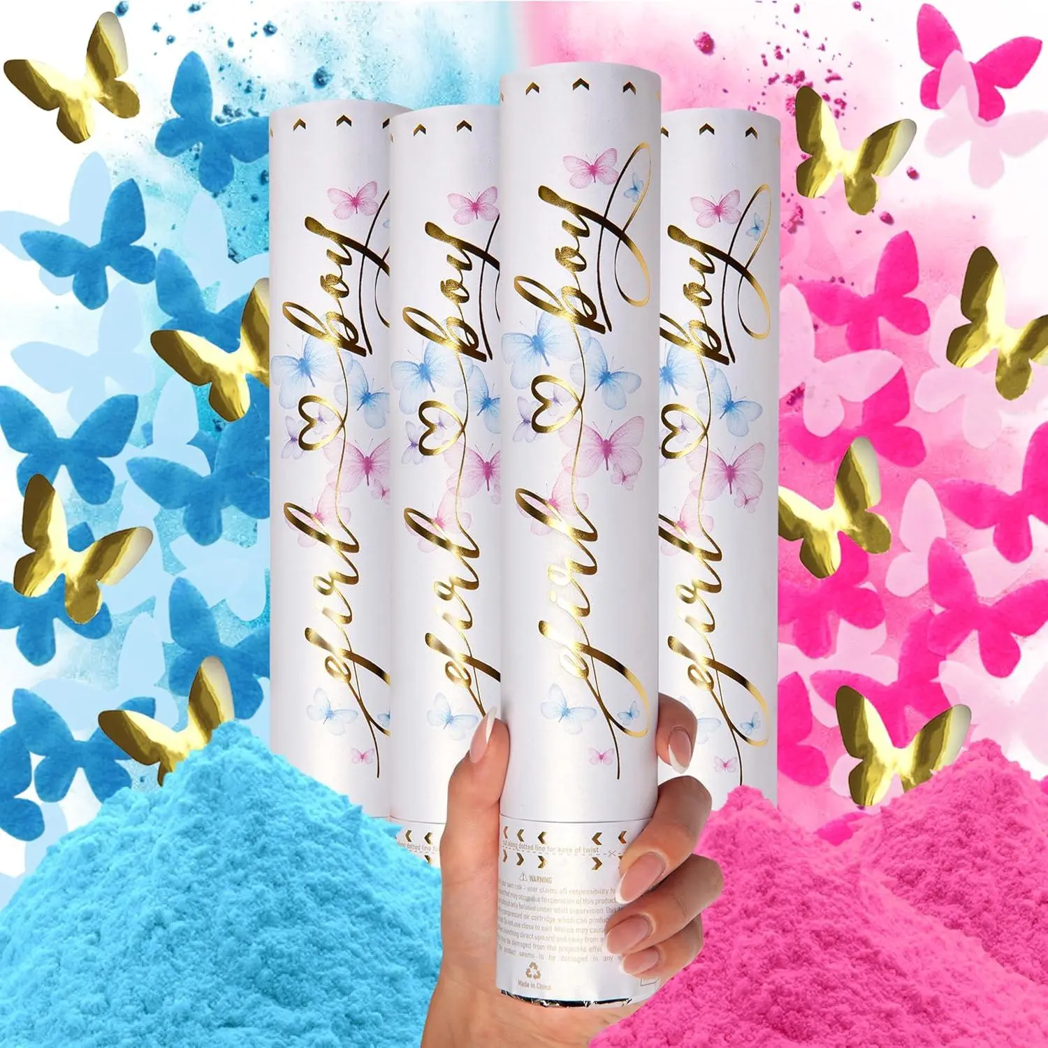 Gender Reveal Confetti, Blue Pink Butterfly Powder, 4 Pack