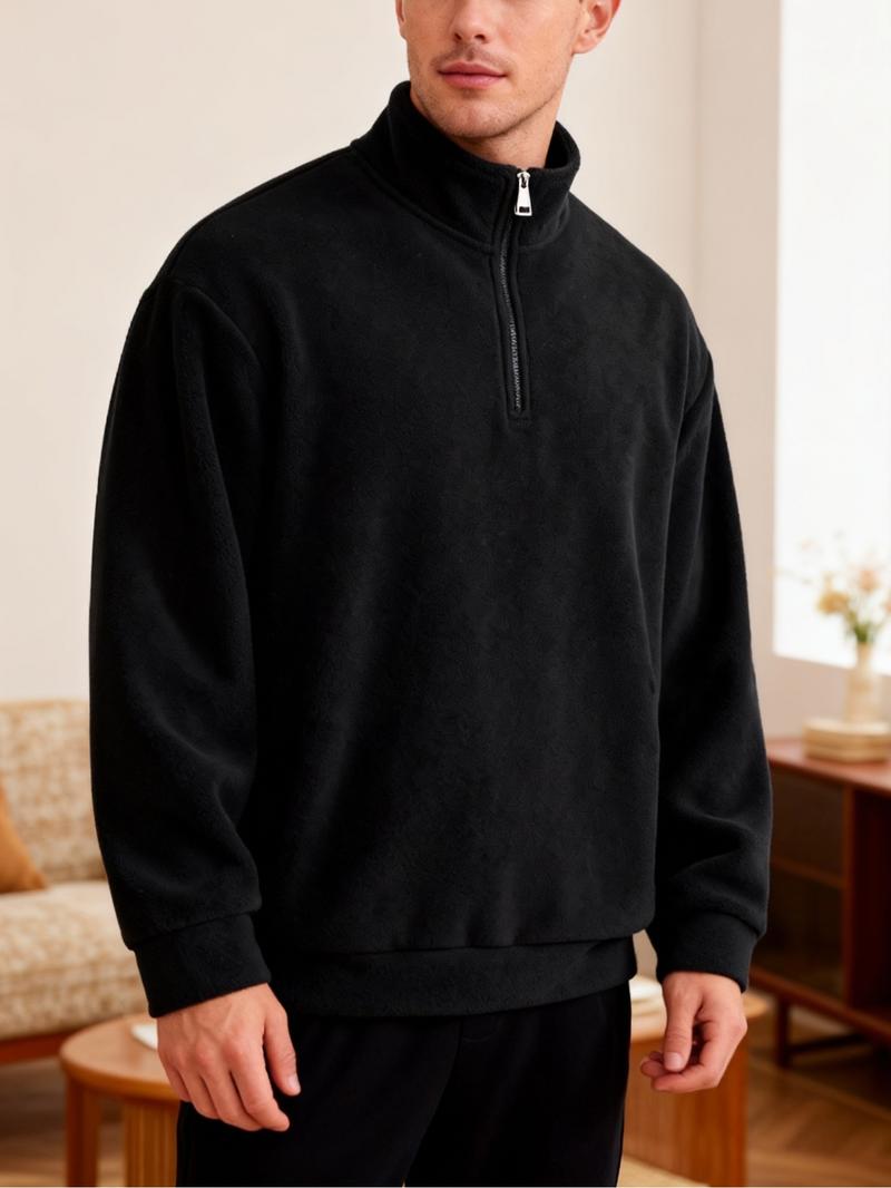 Men's Fall Winter Outfits Plain Polar Fleece Stand Collar Half Zip Pullover Long Sleeve Sweatshirt for Daliy Wear, Old Money Style Casual Versatile Essential Wardrobe Item.
