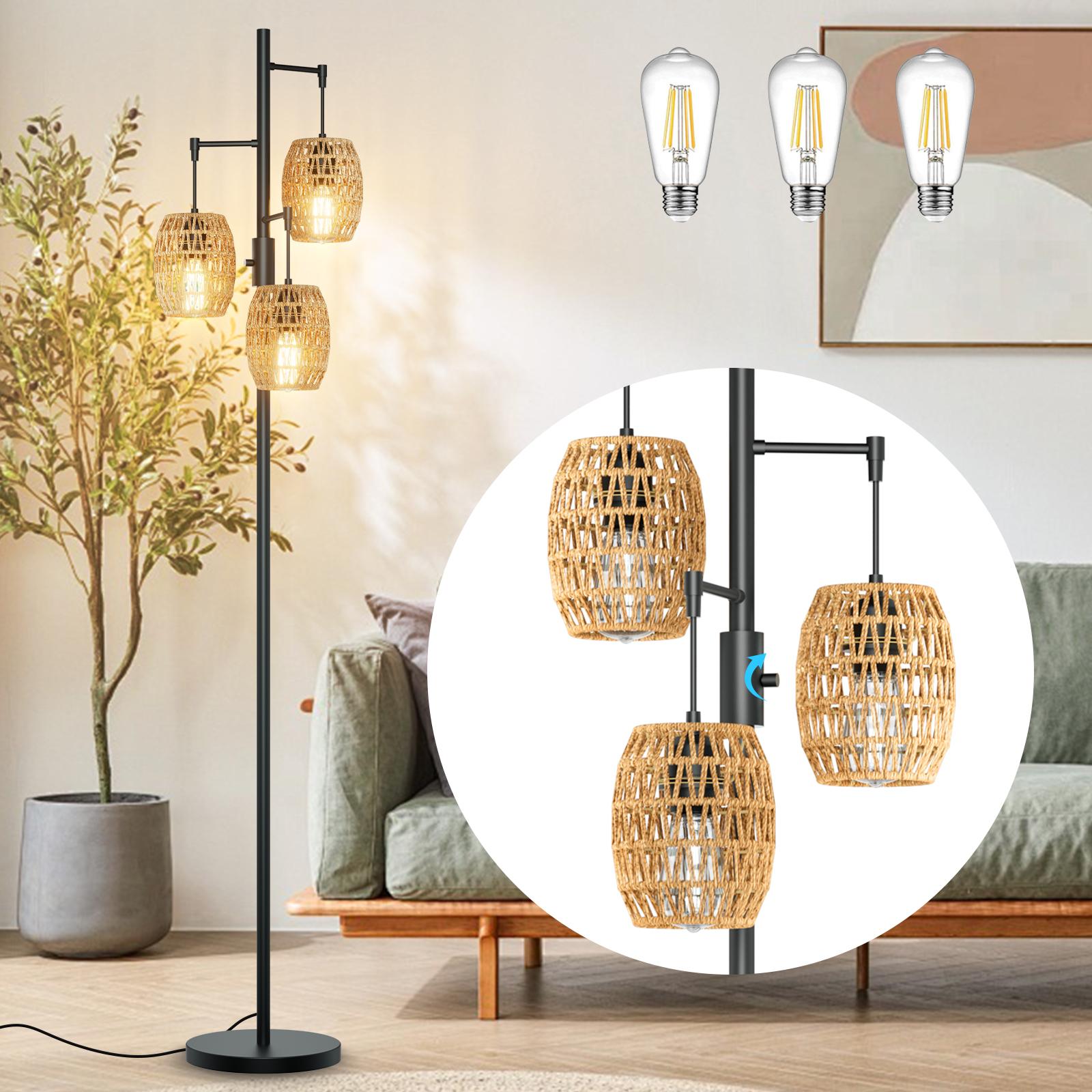 GLITGATE Rustic Standing Lamp with Foot Switch, Dimmable Boho Floor Lamp, 70 Inch Tall Floor Lamp with 3 Rattan Shades, Bohemian Floor Lamps Gracefully Standing for living room, bedroom, dining room, and office