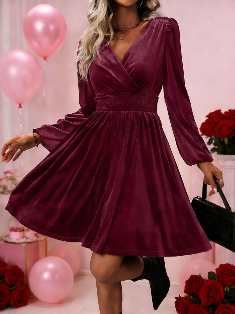 Velvet V Neck Long Sleeve Waist Cinching Solid Color Party Dress Skirt, Perfect for Spring & Fall Valentine's Day, Versatile Elegant Short Skirt