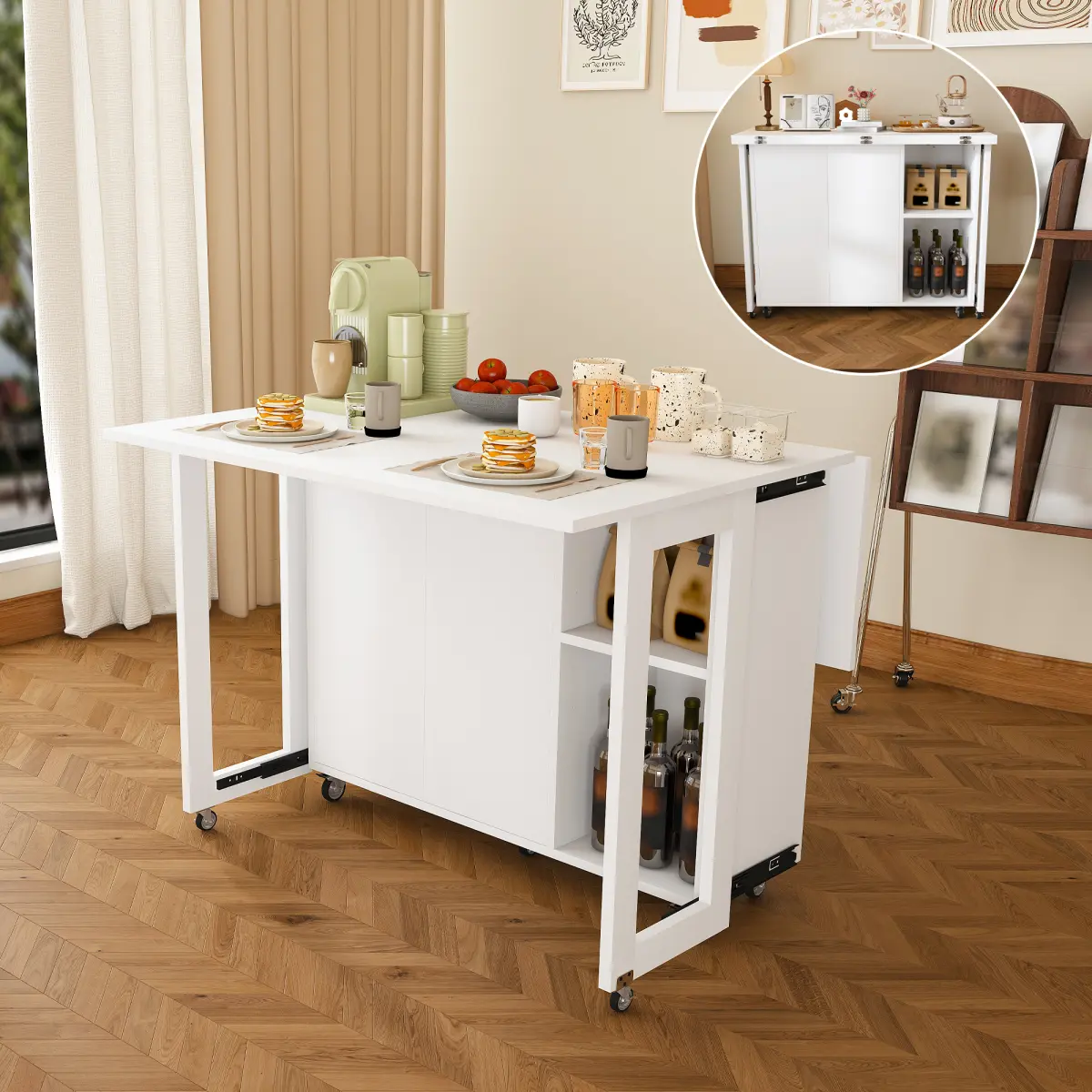 [Bellemave] 3 In 1 Side Table with 4 Large Storage Shelves, 41-Inch Foldable Dining Table, Multi-Functional Side Table, Suitable for Kitchen, Dormitory, Apartment