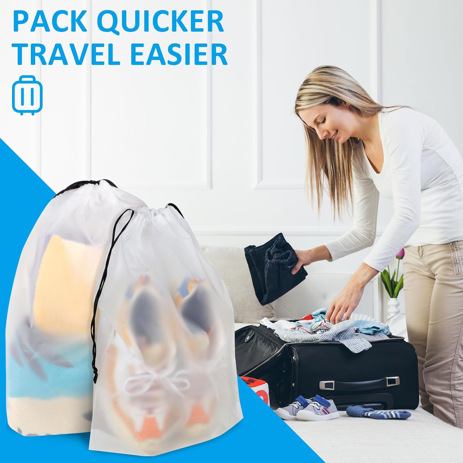 5 Pack Clear Drawstring Shoe Storage Bags, Waterproof Transparent Travel Shoe Pouches 15.7 x 11.8 Inch, Dust-Proof Portable Shoe Organizer Bags for Men Women, Gym, Trips, Luggage Packing, Closet Storage and Daily Shoe Arrangement