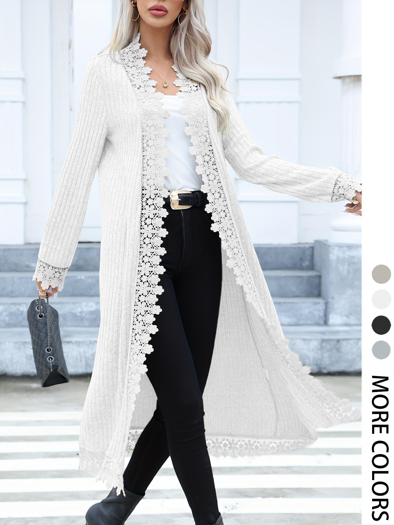 Women's Contrast Lace Open Front Longline Coat, Casual Long Sleeve Ribbed Outerwear for Spring & Fall, Ladies Clothes for Daily Wear