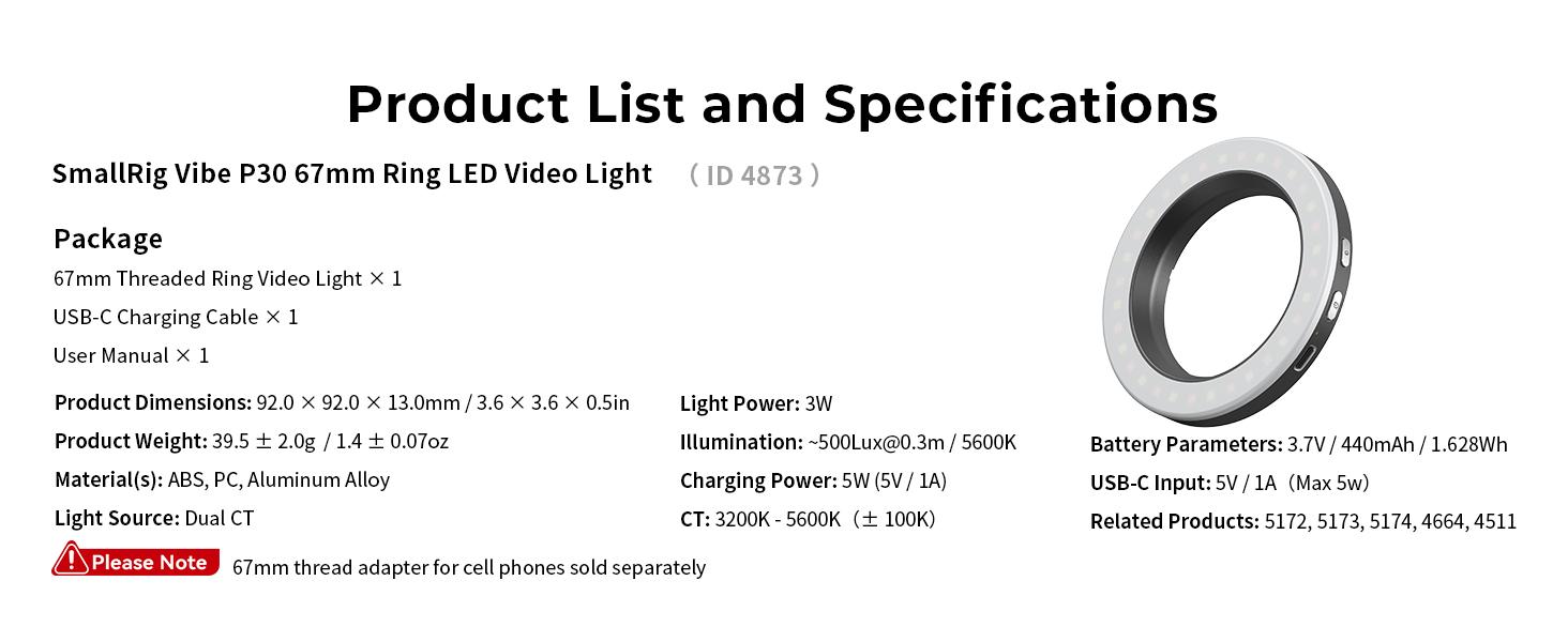 SmallRig Vibe P30 67mm Ring LED Video Light, Compact Powder-Size Bi-Color Light with High CRI ≥90, Compatible for 67mm Phone Mounts/Cases/Lenses, for Content Creation, Live Streaming