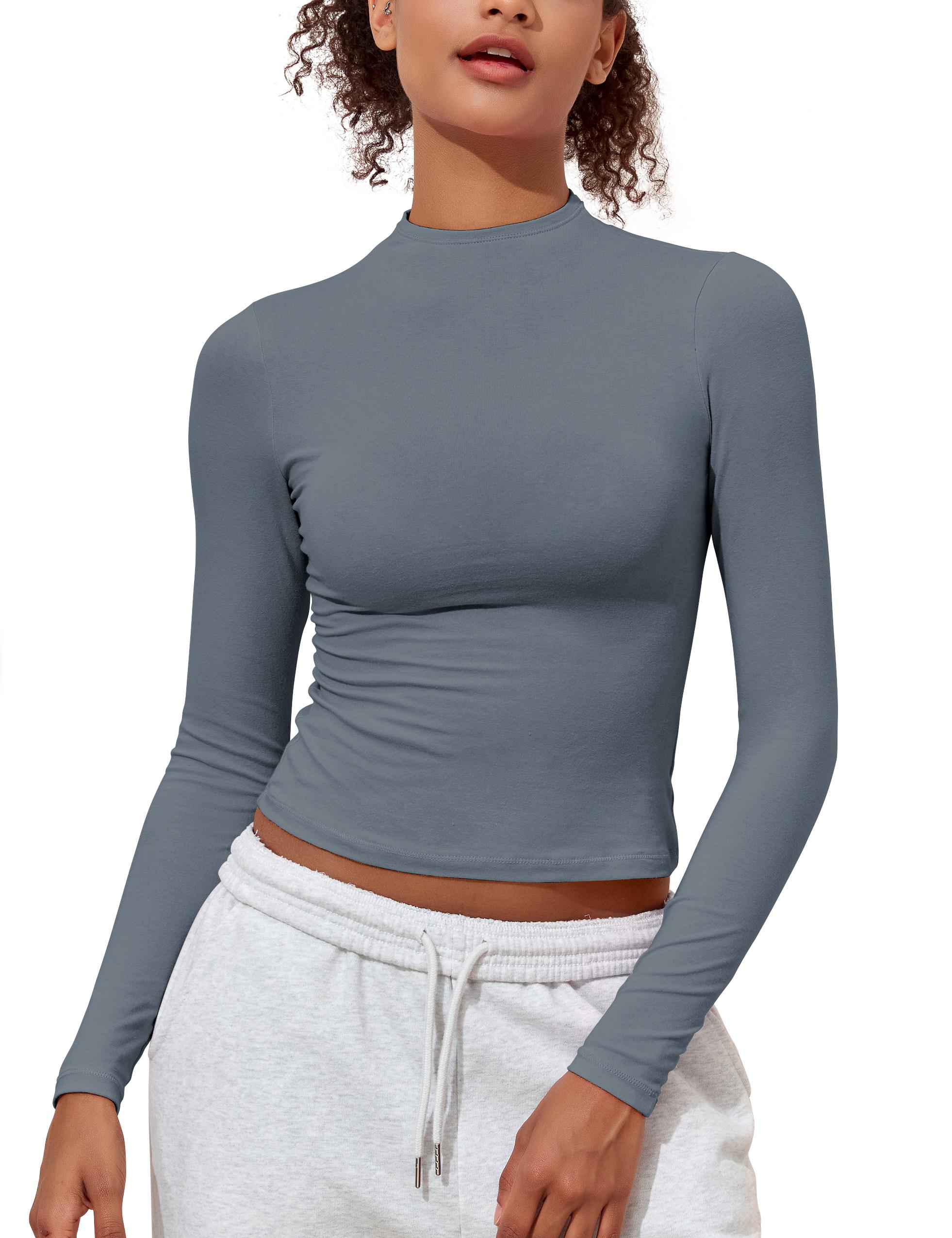 Hilor Women's Long Sleeve T Shirts Basic Cotton Mock Neck Tops Tight Fitted Going Out Crop Tops Y2K Tees Shirts