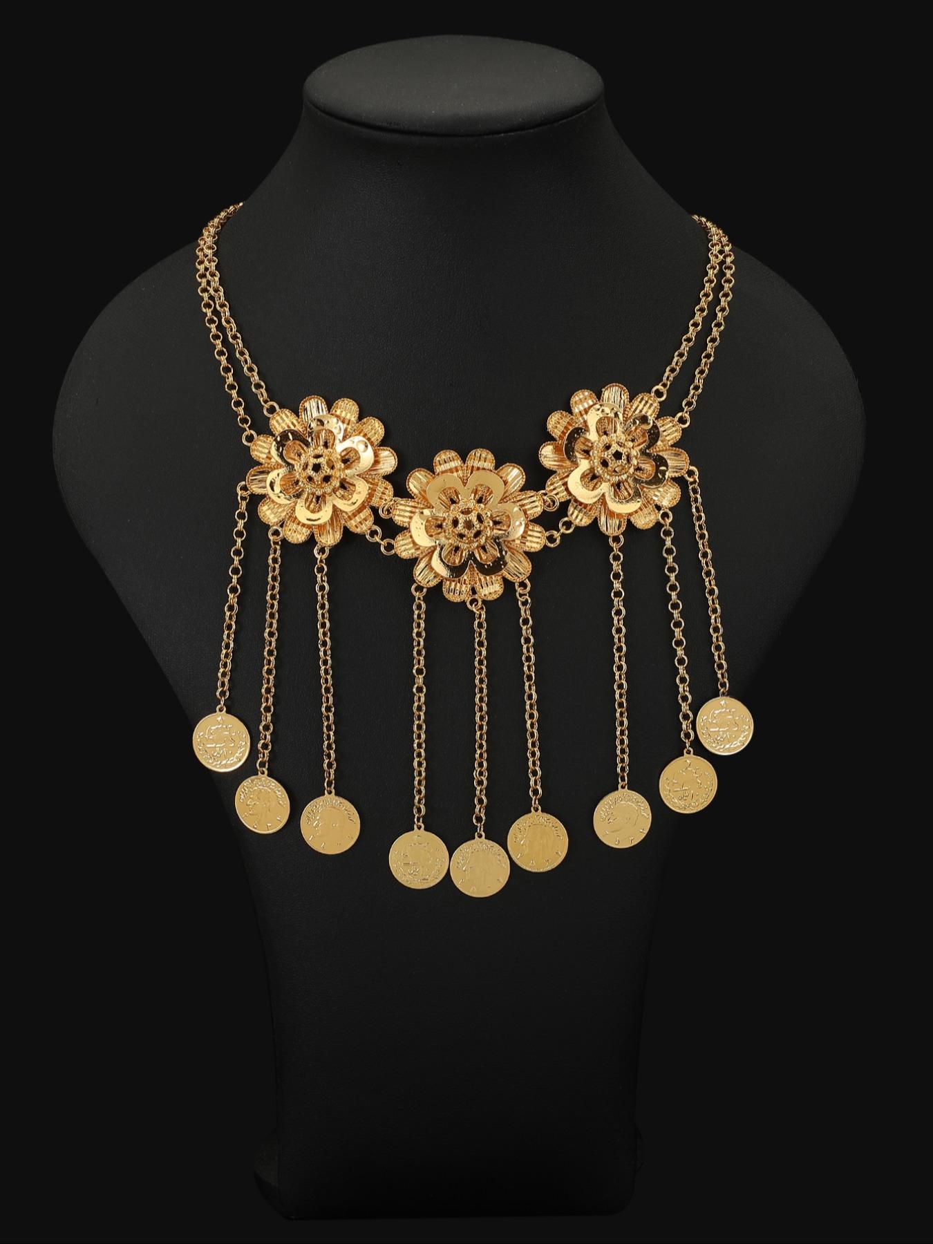 Vintage Turkish Flower Gold Coin Bell Necklace, 18k Gold Plated Luxury Exotic Pendant, Elegant Geometric Design, All Seasons Accessory