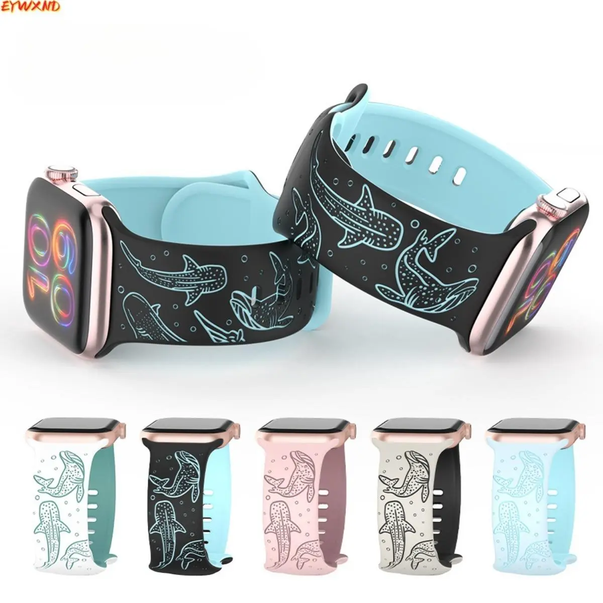 EYWXND Hot-selling export-grade silicone watch band for Apple products, featuring a dual-color 3D engraved design and a whale-themed laser-engraved design. tiktokshopbacktoschool