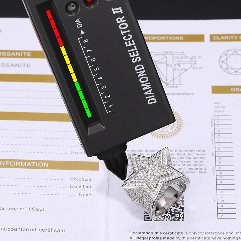 【R46 live2】 S925 Five Star Synthetic Moissanite Men Rings 925 Sterling Silver Ring UCCIYOD VVS Round Synthetic Moissanite  Hip Hop Jewelry