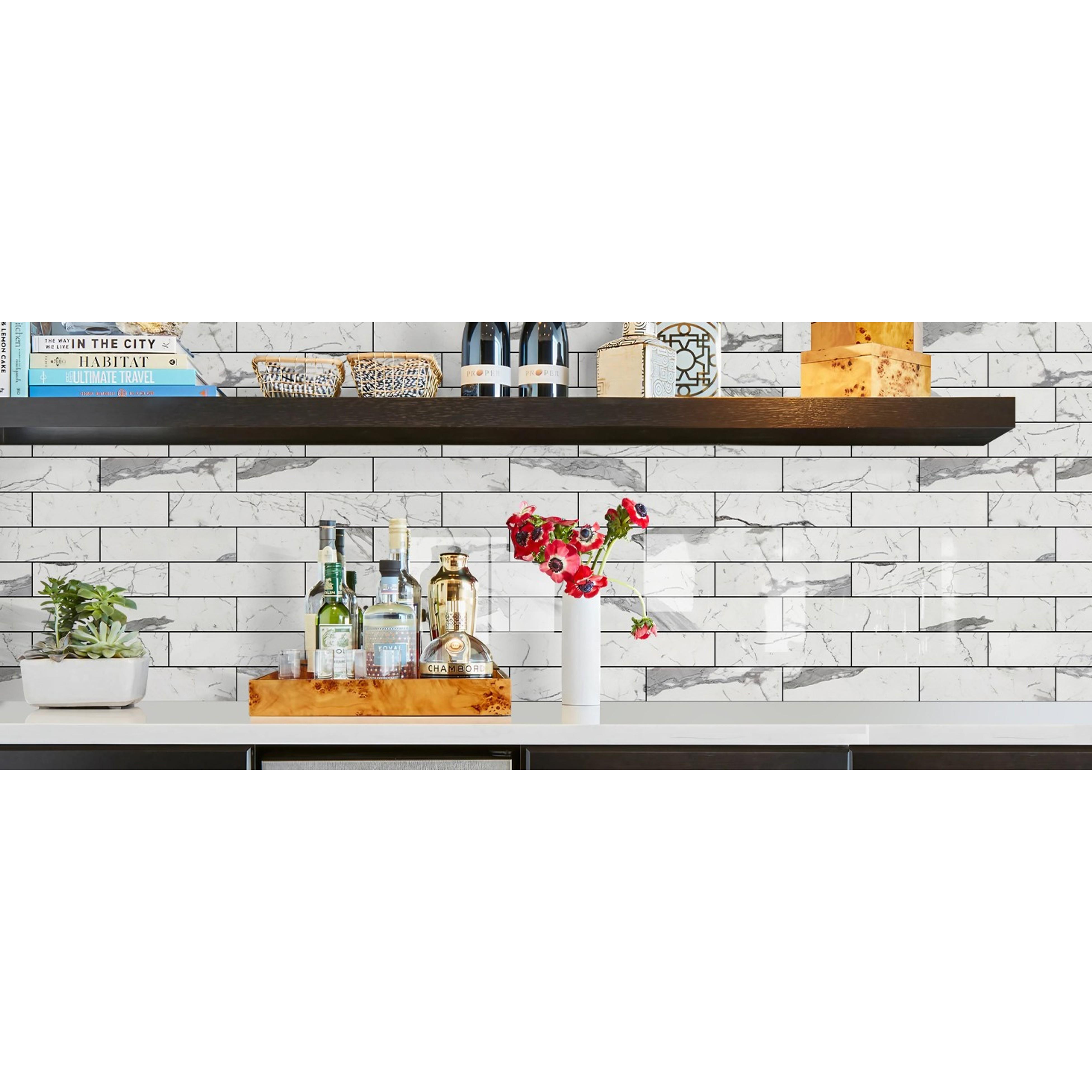 Peel and Stick Backsplash, Glossy 40-Piece 3''x12'' Subway Tile | Statury White with Dark Gray Grout Wall Tile,PVC Faux Stone Stick on Subway Tiles for Kitchen,Bathroom,Laundry,Camper Peel and Stick Backsplash, Glossy 40-Piece 3''x12'' Subway Tile | Statury White with Dark Gray Grout Wall Tile,PVC Faux Stone Stick on Subway Tiles for Kitchen,Bathroom,Laundry,Camper