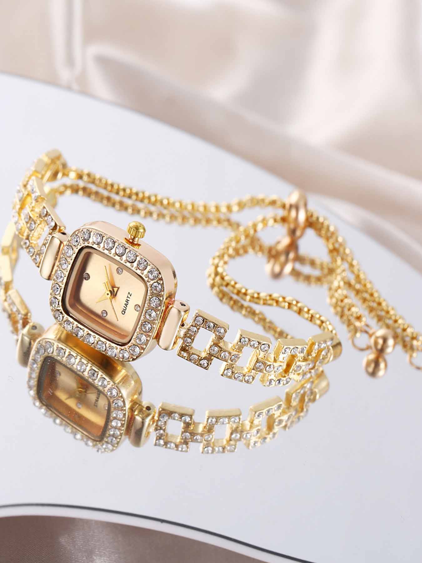 Women's Square Rhinestone Decorative Watch, Crystal Dial, Elegant Style Quartz Watch, Elegant Design, Suitable for All Seasons, Fashionable Watch