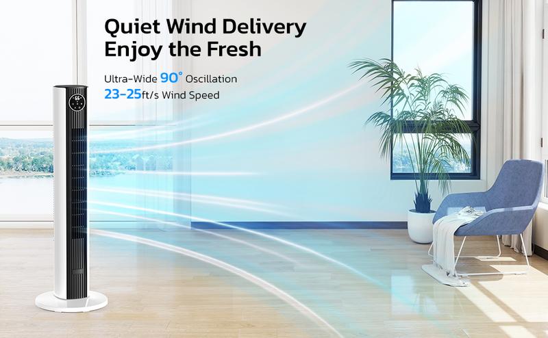 【NOT AC】Zafro Tower Fan Quiet refreshing 24H Timer Remote Control Powerful Standing 8 Wind Speed 3 Wind Modes Ionizer Mode Bladeless Portable LED Display,Bedroom Office  BLACK Household Items