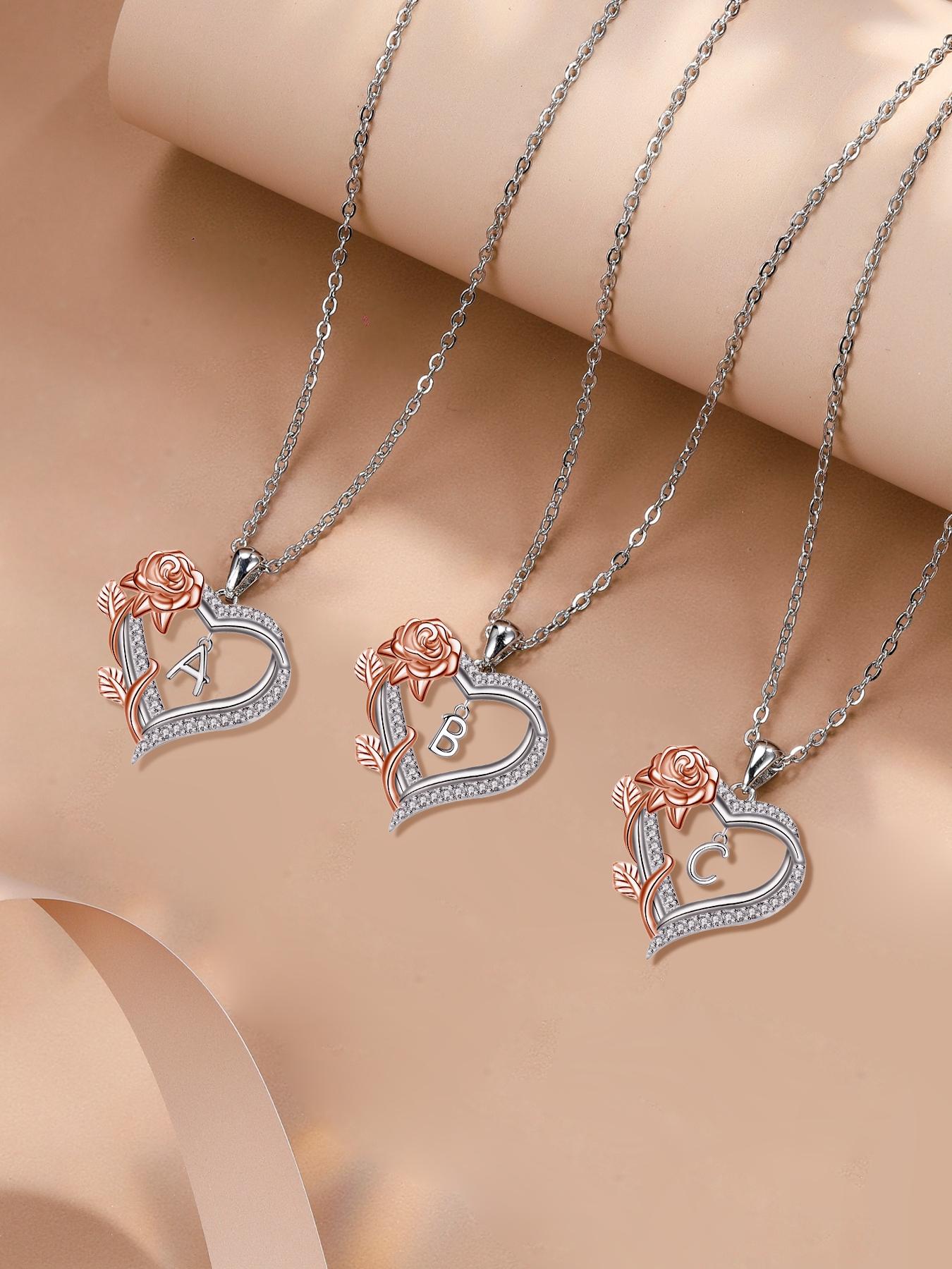 Moss Bear Rose Jewelry Gift Box With Rose Initial Love Heart Necklace for Women, Letter Alphabet Heart Necklace, Heart Design Necklace, Anniversary Birthday Jewelry Gifts for Wife Mom Girlfriend