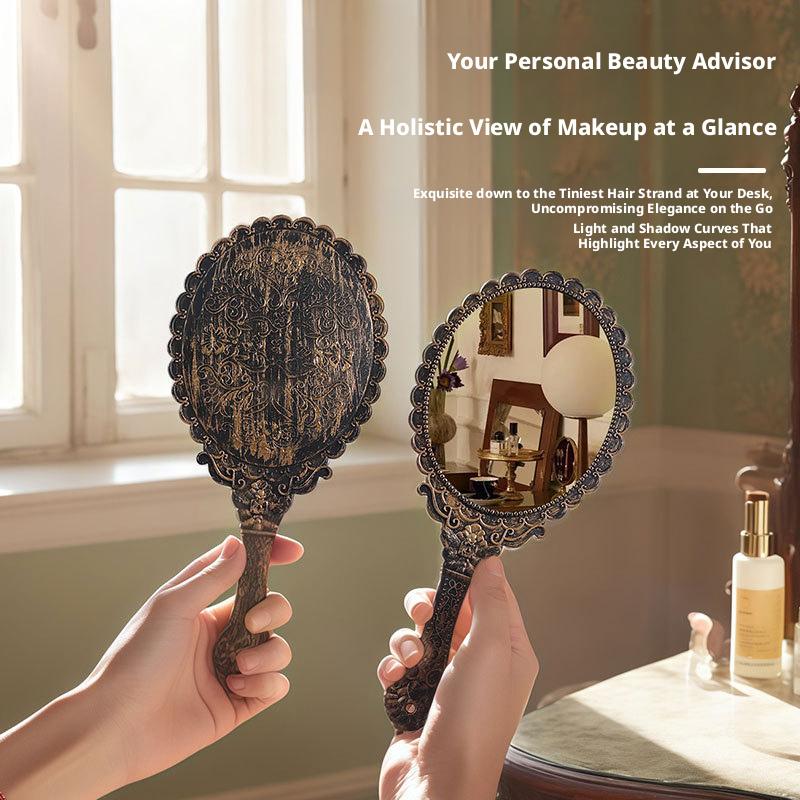 Retro distressed handle makeup mirror, vintage European style portable vanity mirror, high-definition round handheld mirror, vintage design, suitable for makeup, skincare, travel, and home decoration
