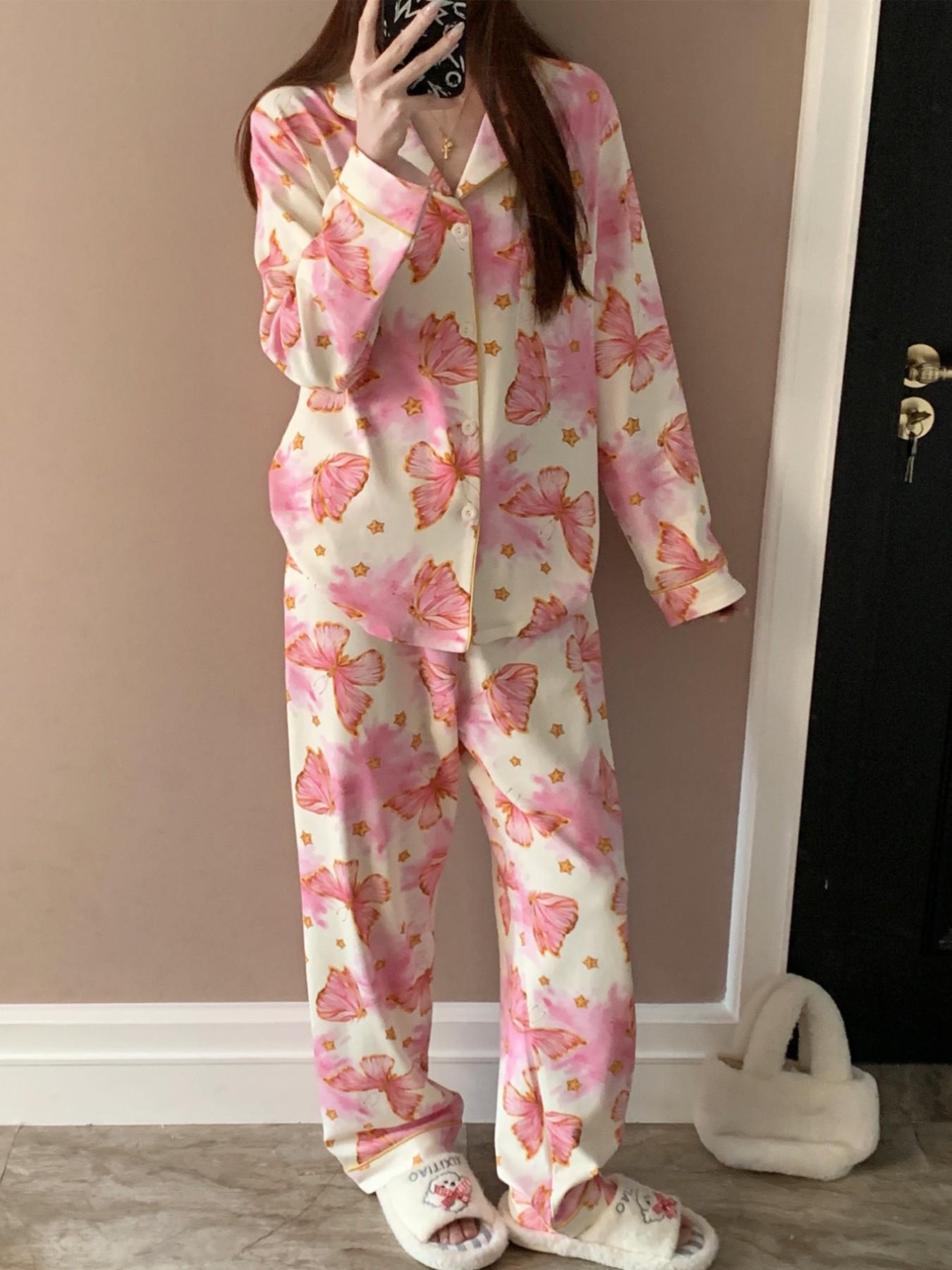 Elegant Open Front Sleepwear for Women, Comfortable Nightwear, Butterfly Print, Long Sleeve Fashion Pajamas, Pajama Set, Spring & Fall