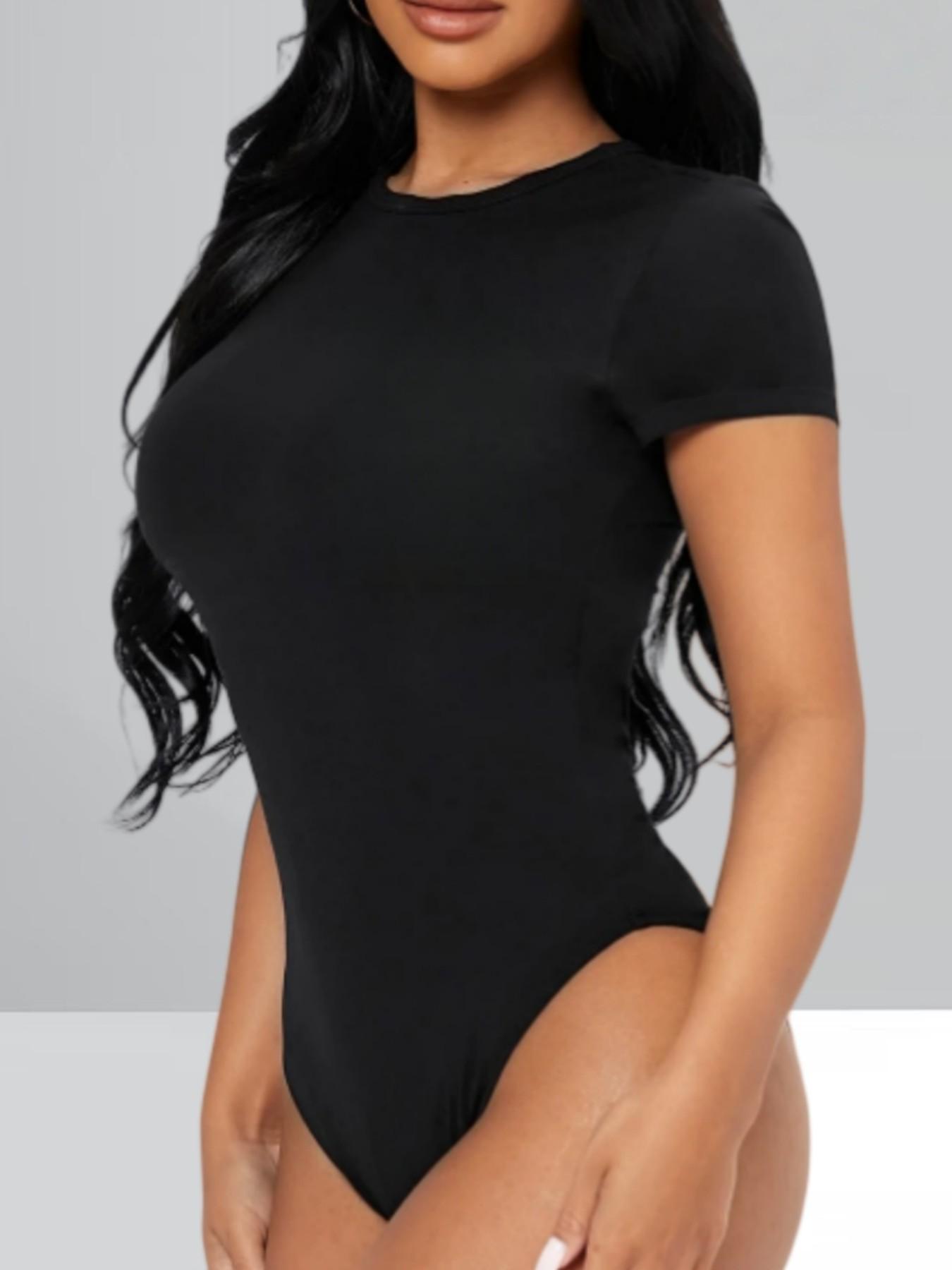 Women's Plain Round Neck Short Sleeve Jumpsuit, Slim-Fitting High Stretch Comfortable Bodysuit, Versatile Office Date Wear