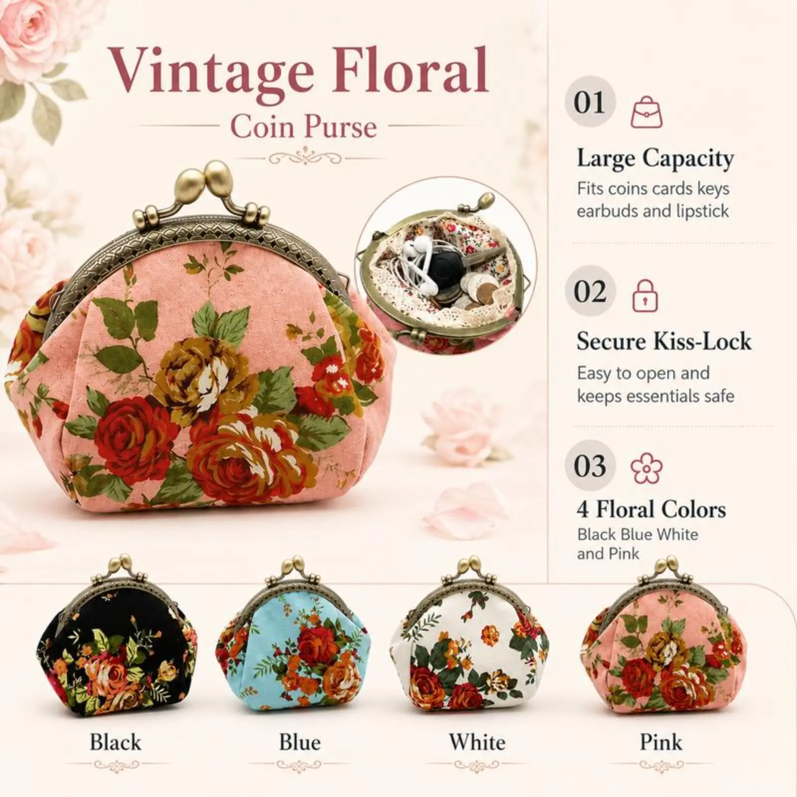Women's Vintage Floral Kiss Lock Coin Holder-Purse, Chic Antique Style Wallet with Large Capacity, Soft Charm Travel-Ready Pouch for Cards, Coins, Keys, Everyday Clutch Gift