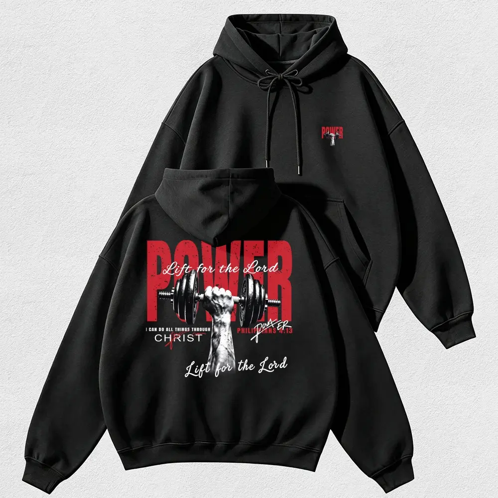 Power Slogan with Muscular Arm Lifting Dumbbell Artwork PulloverEveryday Casual Sweatshirt Kangaroo Pocket Top Graphics Statement Hoodie MenStreetwear Drop Shoulder Loose Fit Mild Weather Apparel