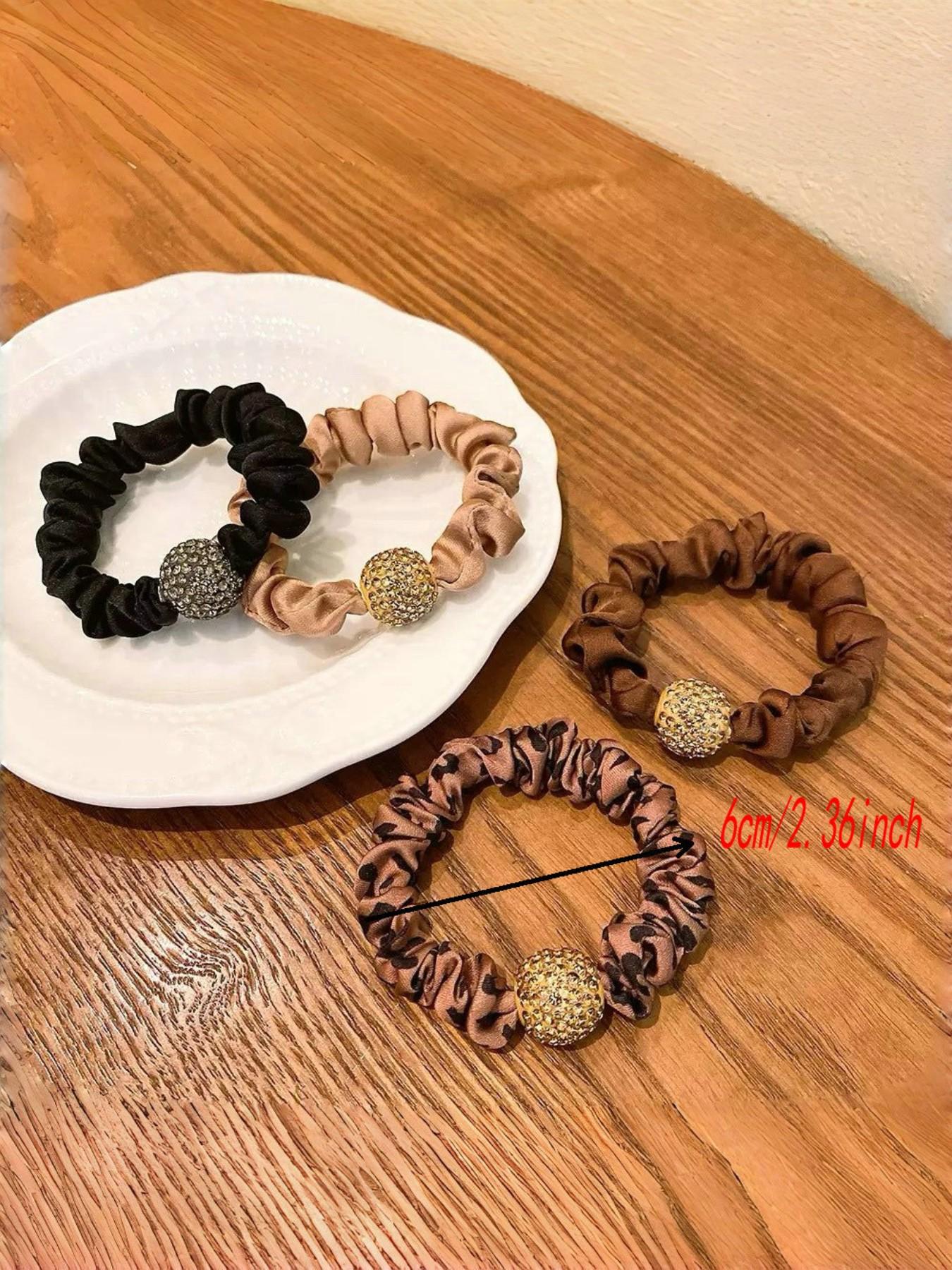 4-Pack Leopard Hair Scrunchies, High Elasticity Water Drill Ball Hair Bands, Fashionable All-Season Headbands for Women