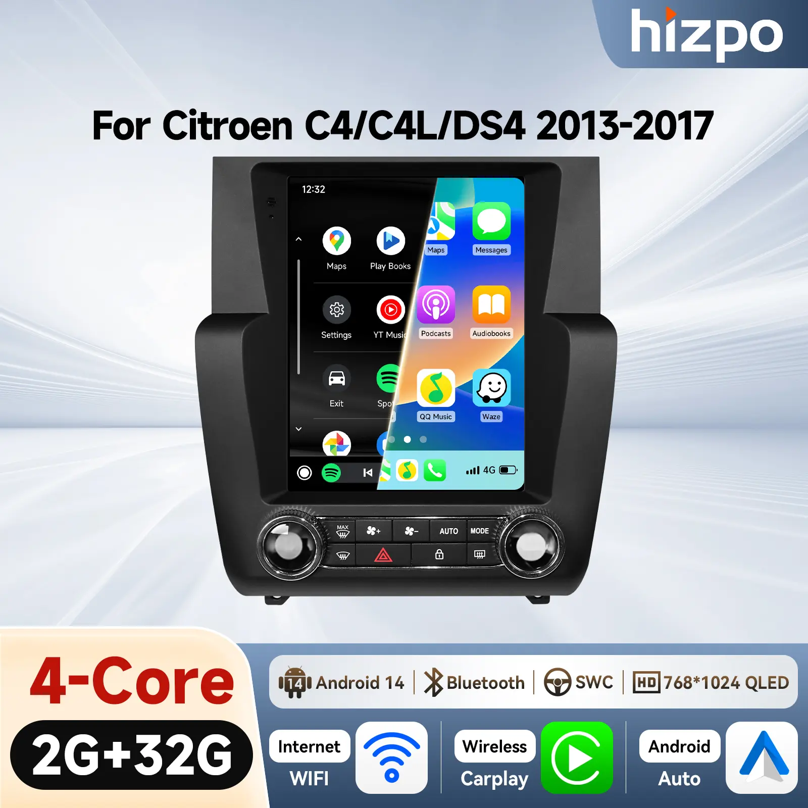 Hizpo AHD-C6 Series 2-DIN 9.7" GPS Touch Screen Car Stereo for Citroen C4, C4L, DS4 (2013-2017) - Intelligent System with CarPlay, Android Auto, Bluetooth, DSP, Ahdc6 Series