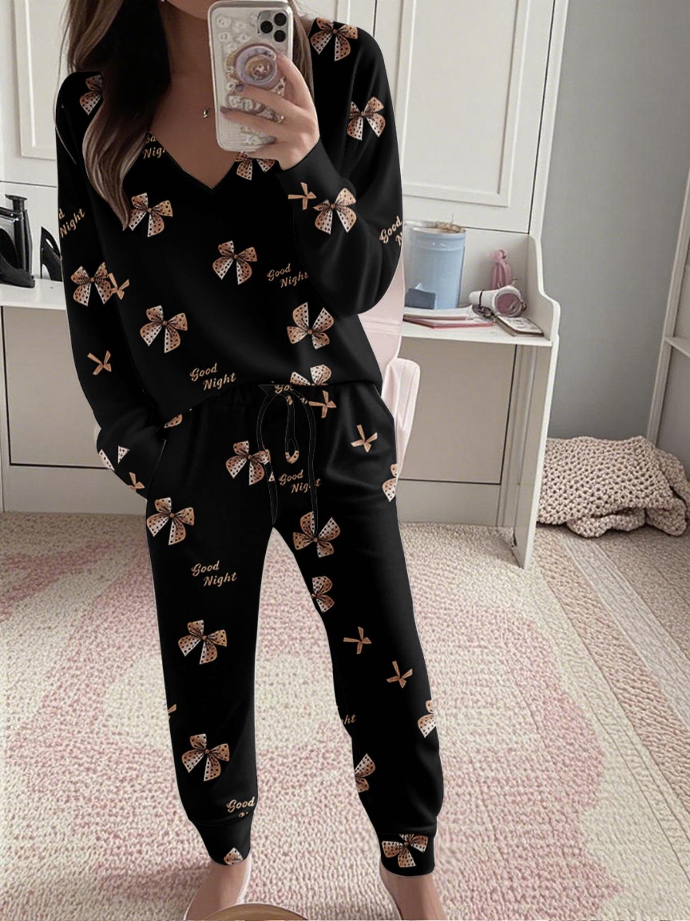 Women's Leopard Print Bow Letter Print Casual Set, Long Sleeve V Neck Top & Tie Waist Pants, Ladies Homewear Sleepwear
