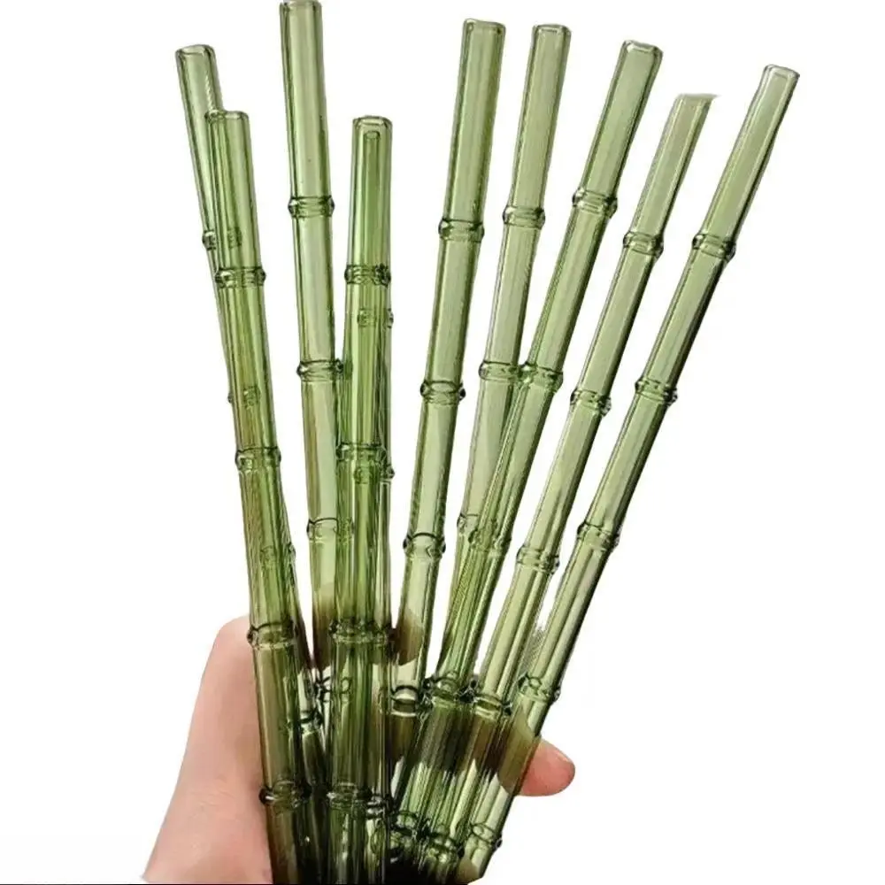 4Pcs Bamboo Textured Reusable Glass Straws With Cleaning Brush, Dishwasher Safe Eco-Friendly Drinking Tubes, Suitable For Bubble Tea Coffee Cocktails, Ideal Party Favors & Daily Household Supplies