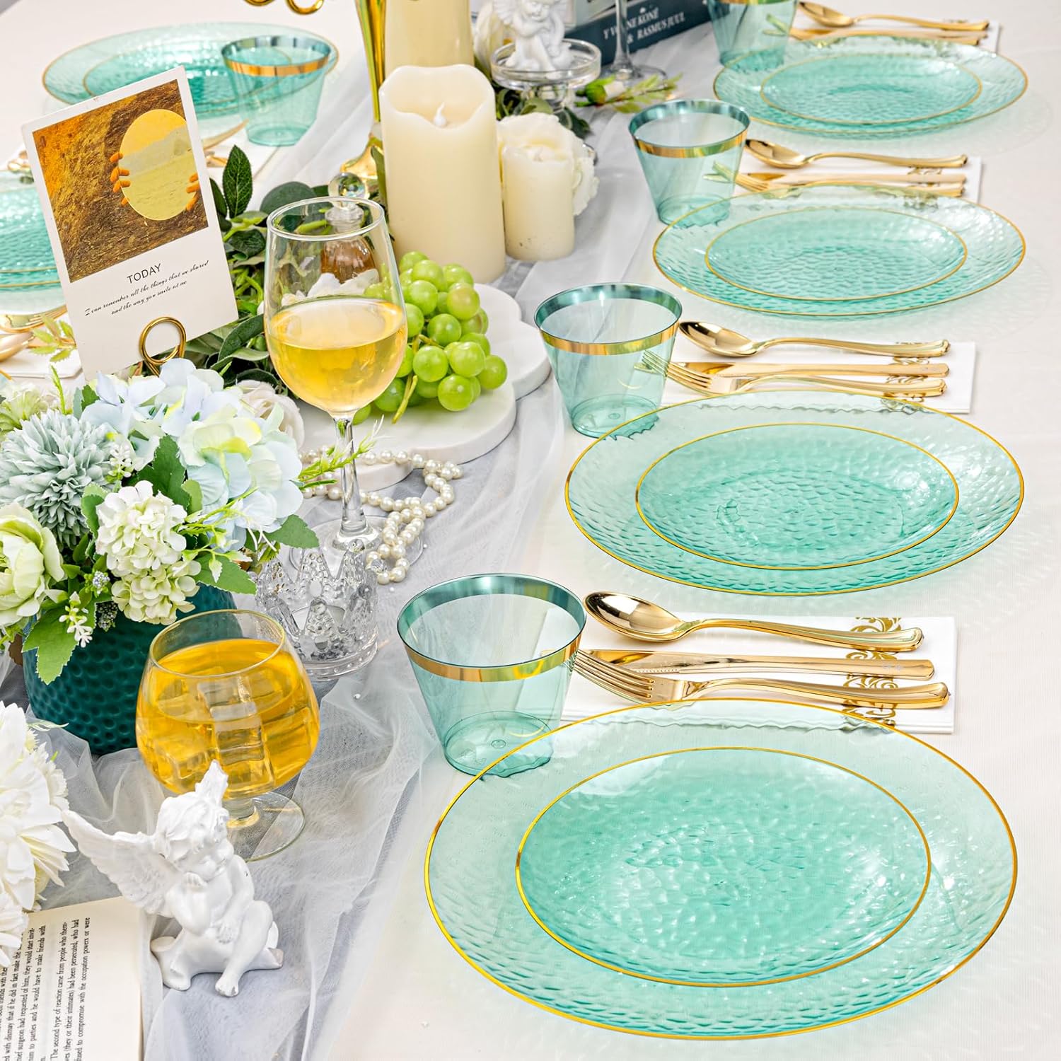Gold/Blue/Pink/Yellow/Green Disposable Plates and Silverware Set: Dinner Plates,Dessert Plates, Cups,Napkins,Knife, forks, spoons 25 for each kind-Perfect for Party