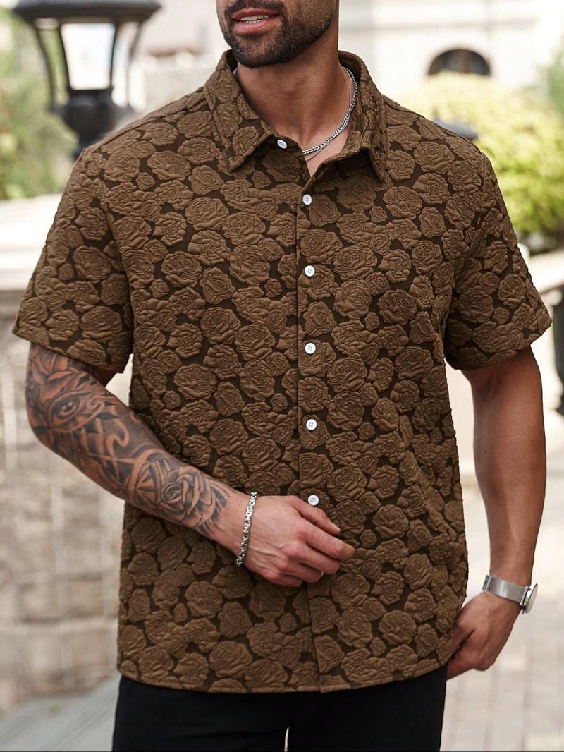 【Plus Size】 Men's Rose Print Short Sleeve Shirt, Regular Fit Casual Button Closure Top for Summer, Men's Clothes for Beach Vacation, Menswear