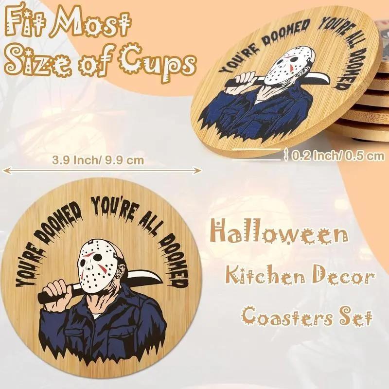 6 Piece Horror Movie Character Coaster Set, Unique Halloween Round Coasters, Wooden Coasters, Party Decoration, Perfect for Coffee Table and Kitchen Display