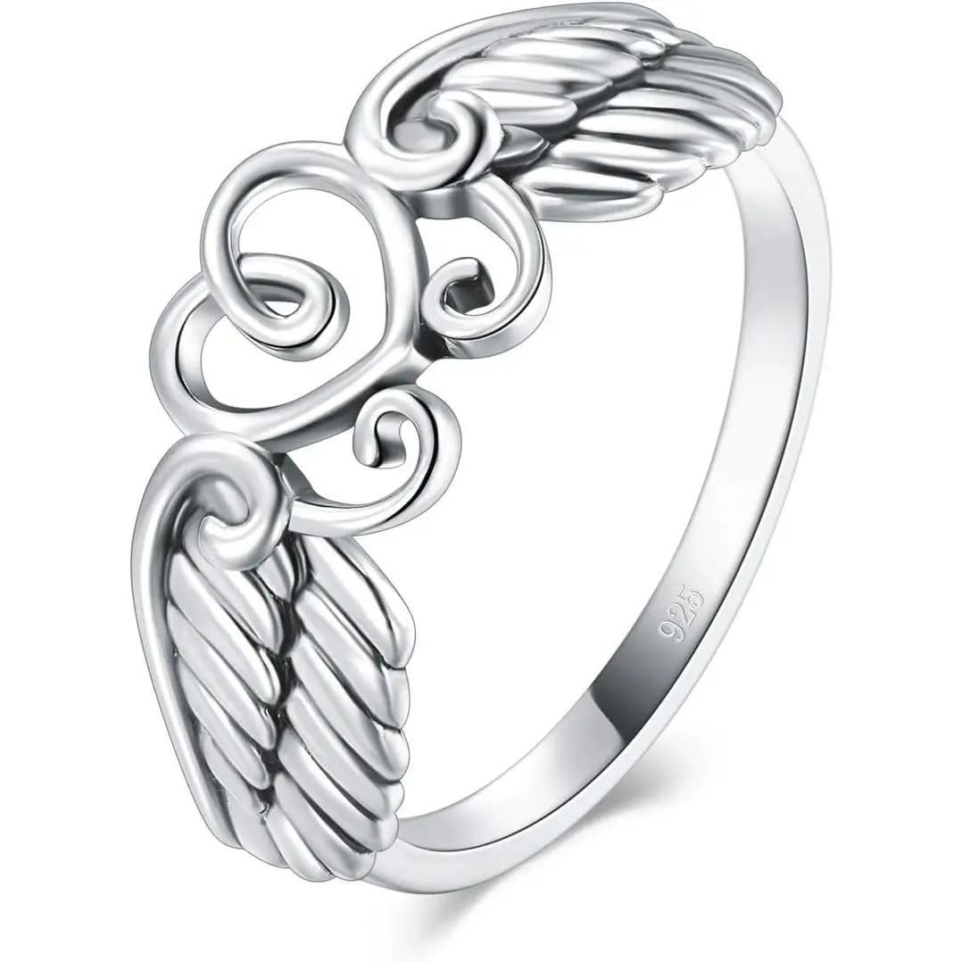 925 Sterling Silver Ring High Polish Heart Angel Wings Ring 4-12