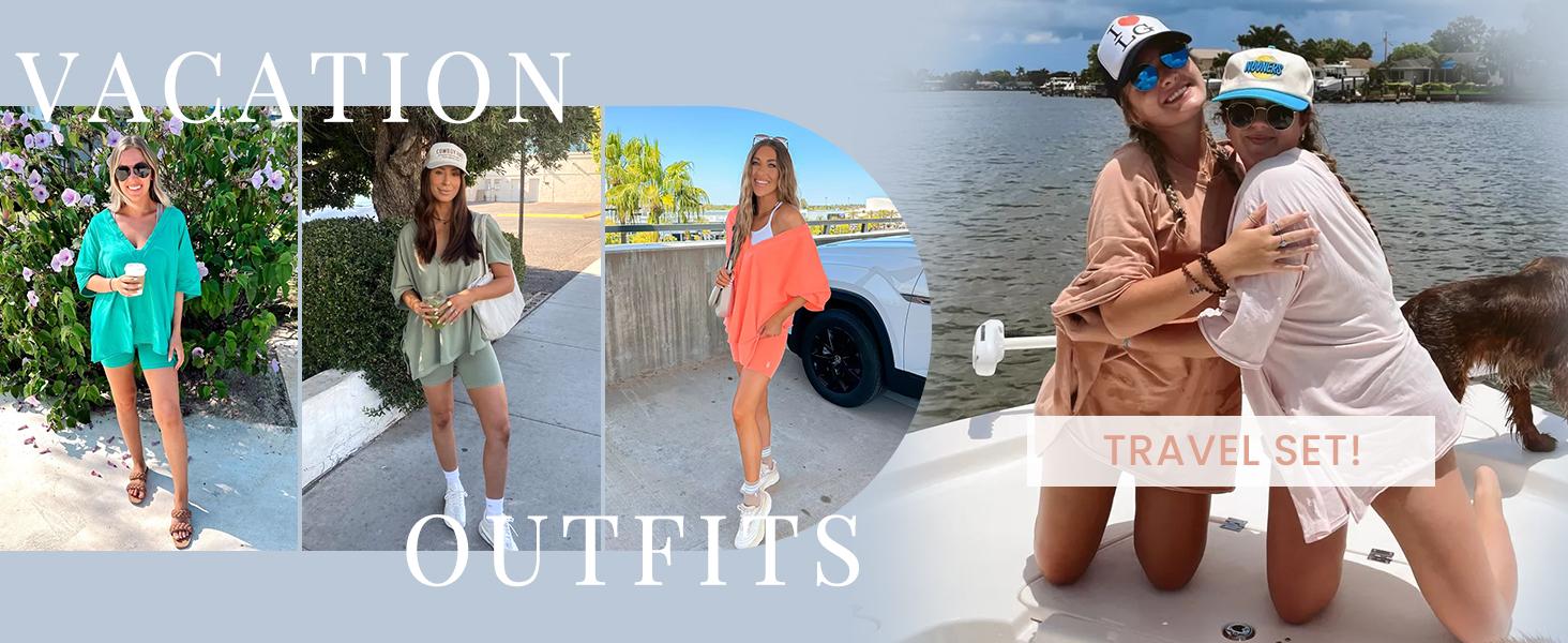 Tanming Women's Oversized 2 Piece Workout Hot Shot Set - Reversible V Neck Tee & Biker Shorts - Casual Streetwear for Yoga & Lounging - Flowy & Comfortable #SpringStatements