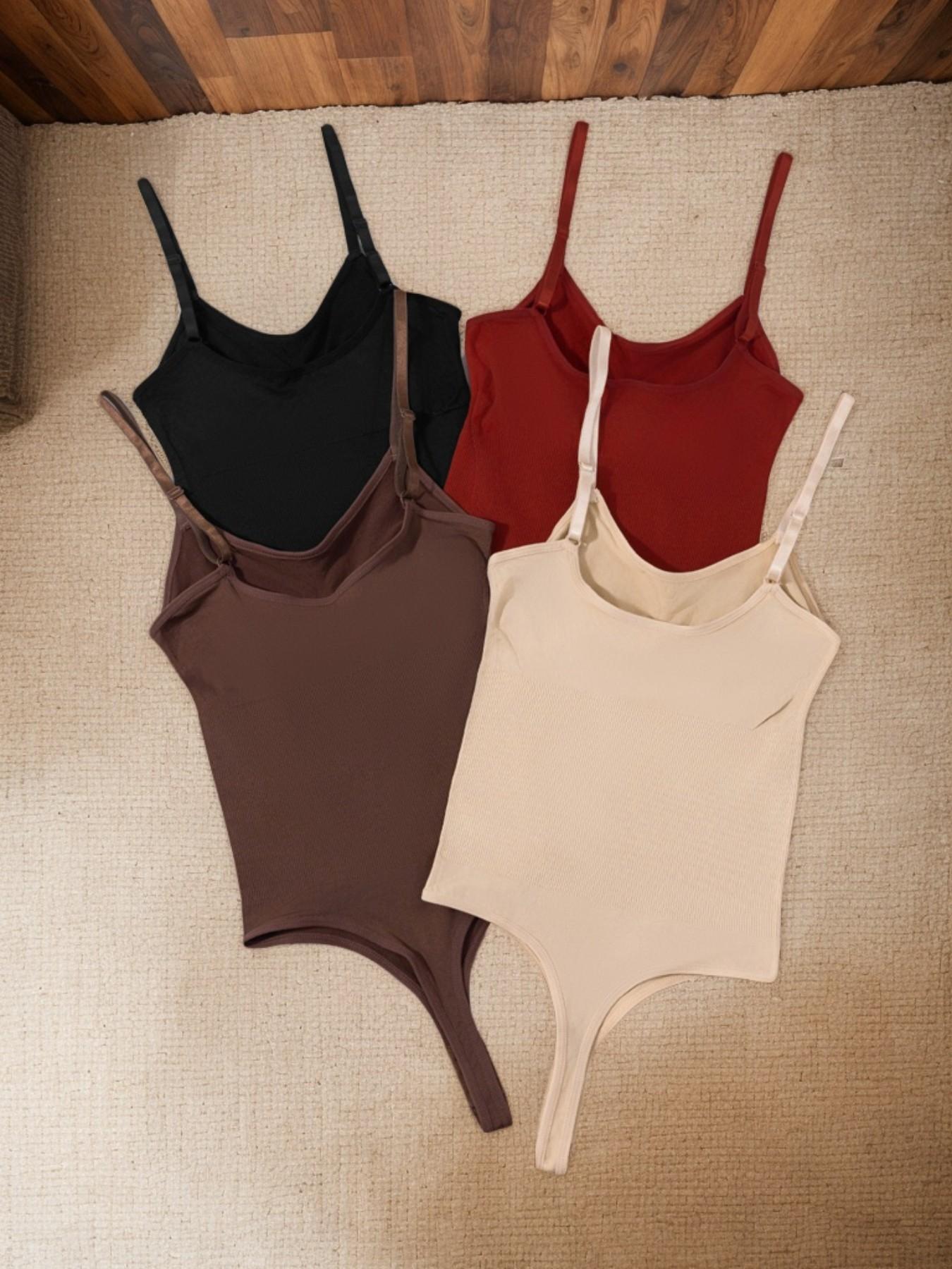 4-Piece Women's Ribbed V-Neck Bodysuit with (Sizes S-XXL) – Adjustable Thin Straps & Multi-Row Back Closure – Black/Wine Red/Brown/Apricot/Green/Blue/Pink – Suitable for Daily Wear, Commute & Layering