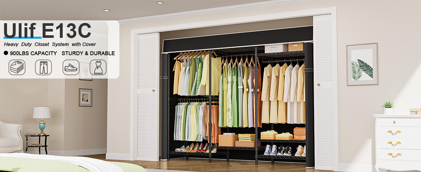 Ulif Heavy Duty Closet Organization System, Freestanding Clothes Rack, Adjustable, 63"W x 16"D x 77"H, 960 lbs Weight Capacity, with Dust Cover, Black