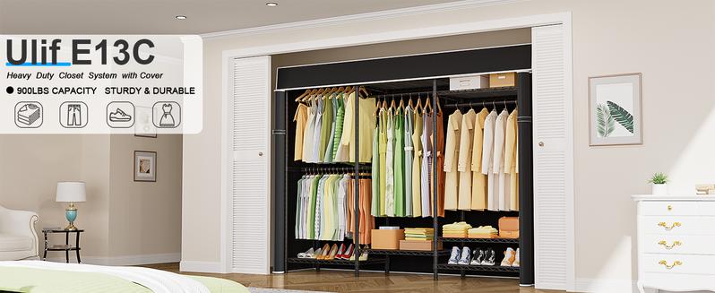 Ulif Heavy Duty Closet Organization System, Freestanding Clothes Rack, Adjustable, 63"W x 16"D x 77"H, 960 lbs Weight Capacity, with Dust Cover, Black